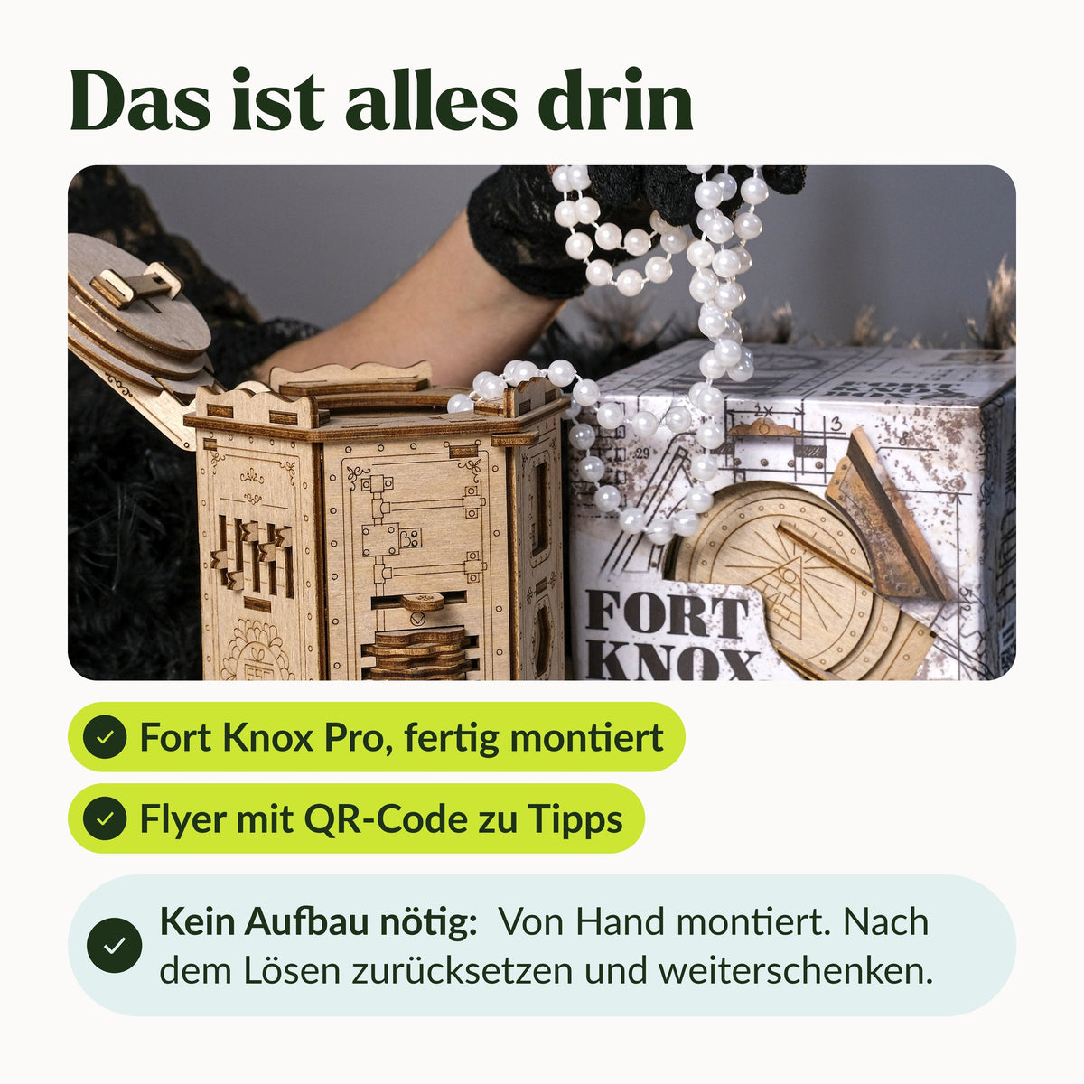 Contenu de la boîte de casse-têtes Fort Knox Pro : boîte entièrement assemblée, avec son carton d'origine et un dépliant comportant un code QR