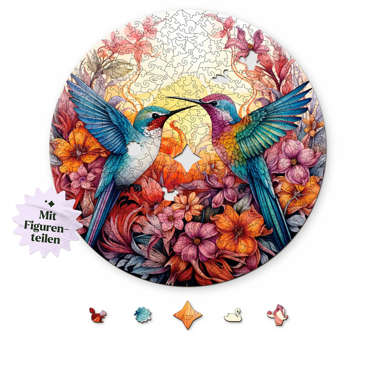 "Cheerful Hummingbirds" Mandala Wooden Puzzle, round design on top in white, with figure pieces such as a squirrel, a swan, and a star below