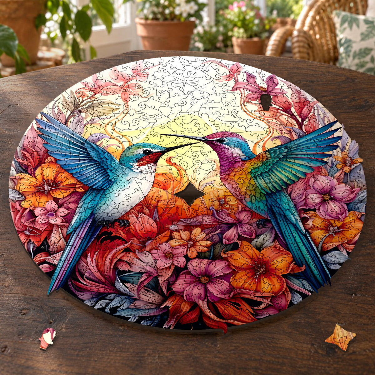 "Happy Hummingbirds" Mandala Wooden Puzzle, round and almost complete on a walnut table in the sunroom; two puzzle pieces are lying in front of it