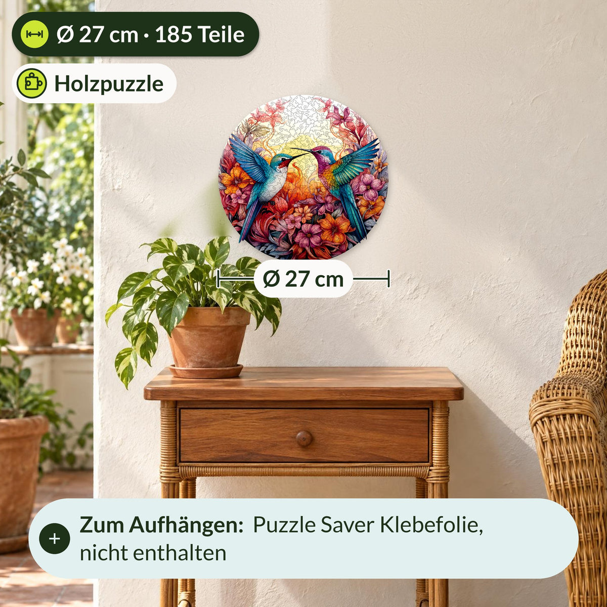 "Cheerful Hummingbirds" Mandala Wooden Puzzle, Size M, Ø 27 cm, 185 pieces, hanging on the wall above a rattan side table