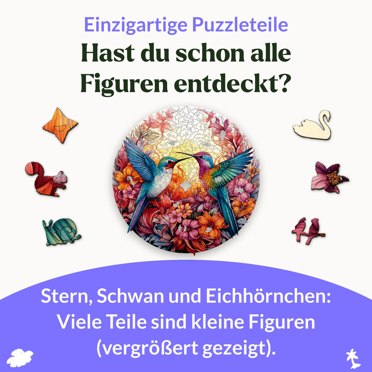 "Cheerful Hummingbirds" Mandala Wooden Puzzle, featuring shapes such as a star, a swan, a squirrel, and a snail