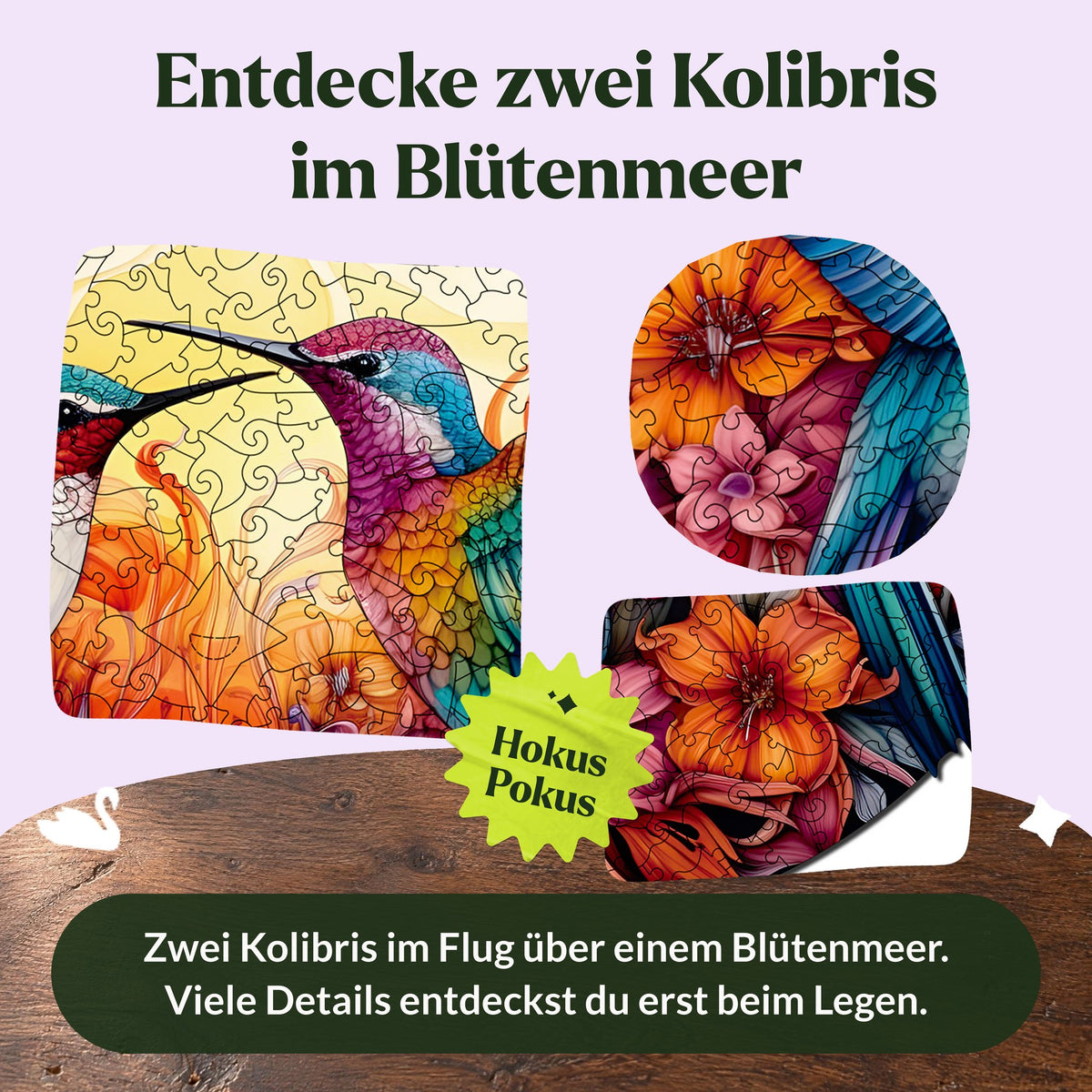 "Cheerful Hummingbirds" Mandala Wooden Puzzle, featuring hummingbird heads, iridescent feathers, lilies, and pink blossoms