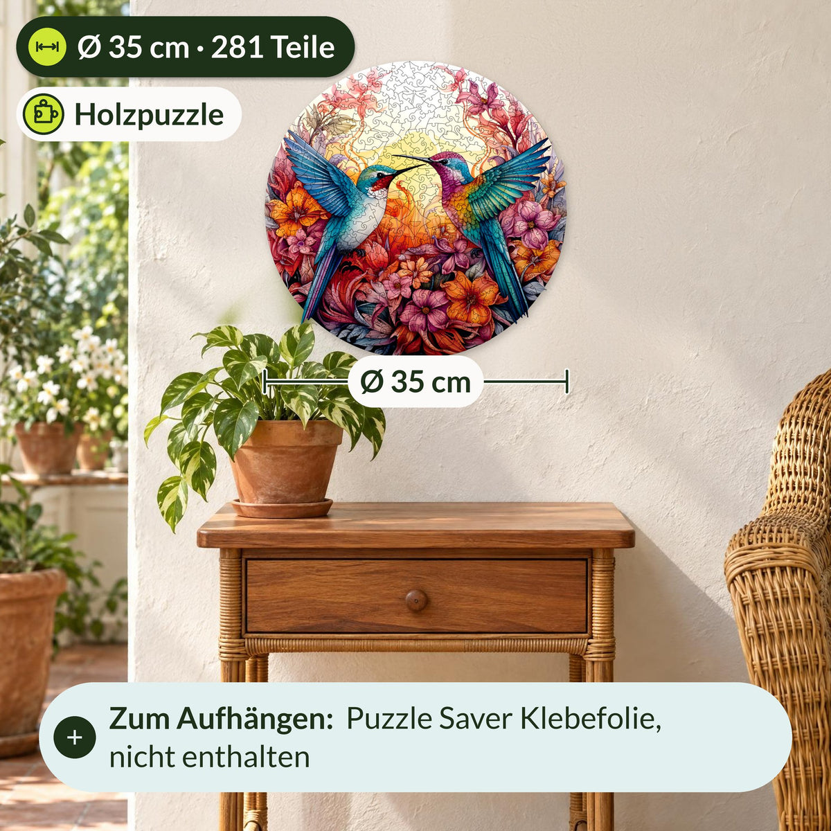"Cheerful Hummingbirds" Mandala Wooden Puzzle, Size L, Ø 35 cm, 281 pieces, hanging on the wall above a rattan side table