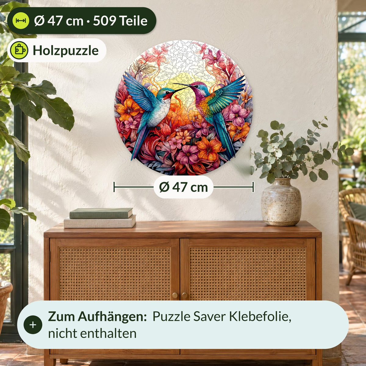 "Cheerful Hummingbirds" Mandala Wooden Puzzle, Size XL, Ø 47 cm, 509 pieces, hanging on the wall above a wicker dresser