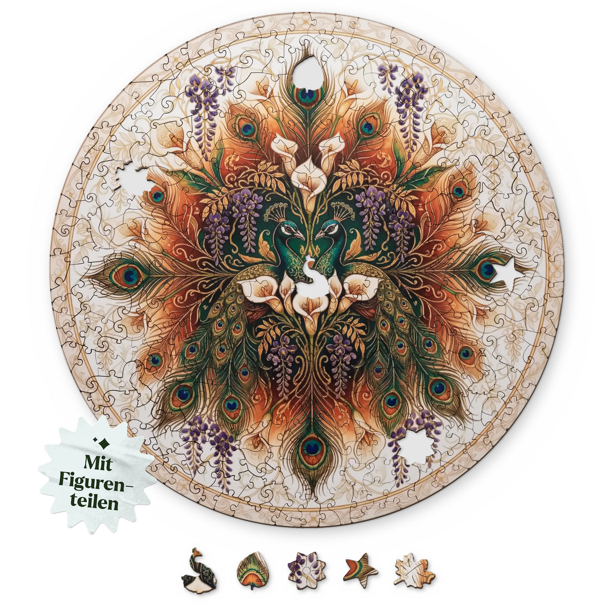 Golden Peacocks Art Nouveau Mandala Wooden Puzzle, with the design shown from above on a white background, and below it figure pieces such as a peacock, a peacock feather, and a flower