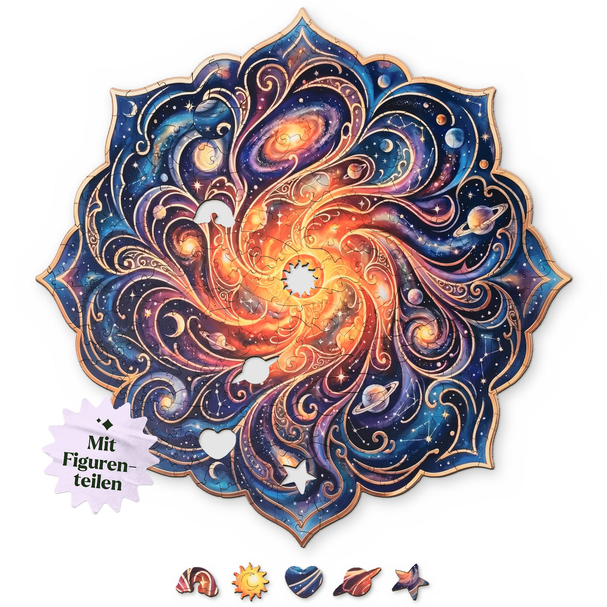 Golden Star Lotus Mandala Wooden Puzzle, with the design shown from above on a white background, and below it, elements such as a rainbow, sun, and heart
