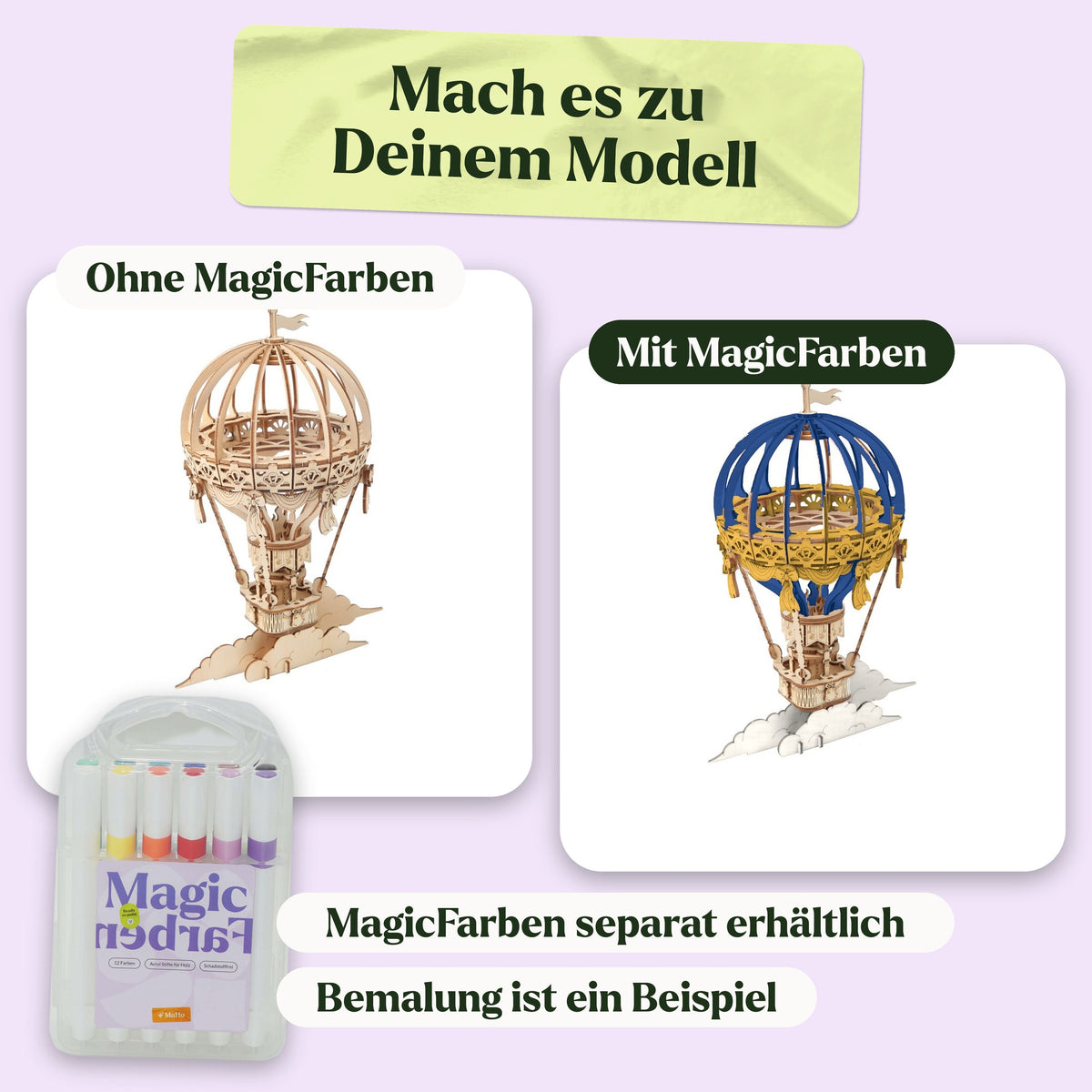 Houtbouwpakket voor een heteluchtballon, in natuurlijke kleur en als voorbeeld beschilderd met Magic-verf (Magic-verf apart verkrijgbaar)