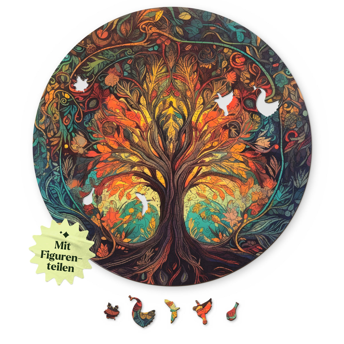 "Autumn Tree of Life" Mandala Wooden Puzzle, with an overhead view of the design on a white background, featuring figures such as a maple leaf, a swan, and a butterfly
