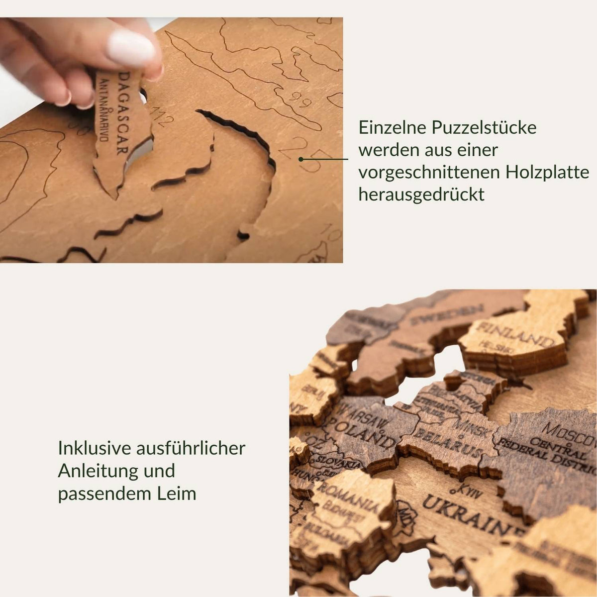Holz Weltkarte: Teile aus der Holzplatte drücken, Anleitung und Leim liegen bei