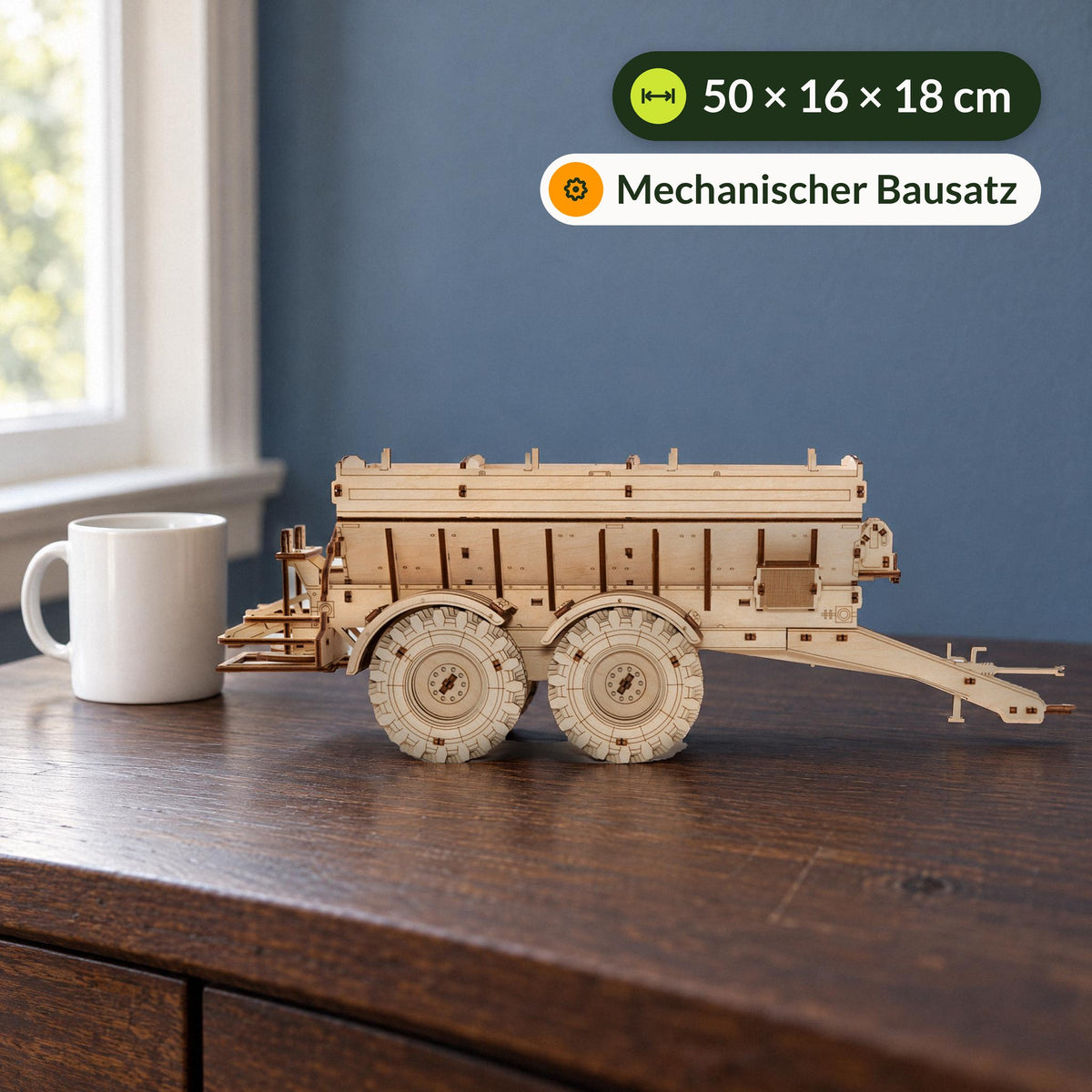 Aanhangwagen voor de Kirovets K-7M-houten bouwpakket, aanhangwagen naast een koffiekopje, afmetingen 50 × 16 × 18 cm
