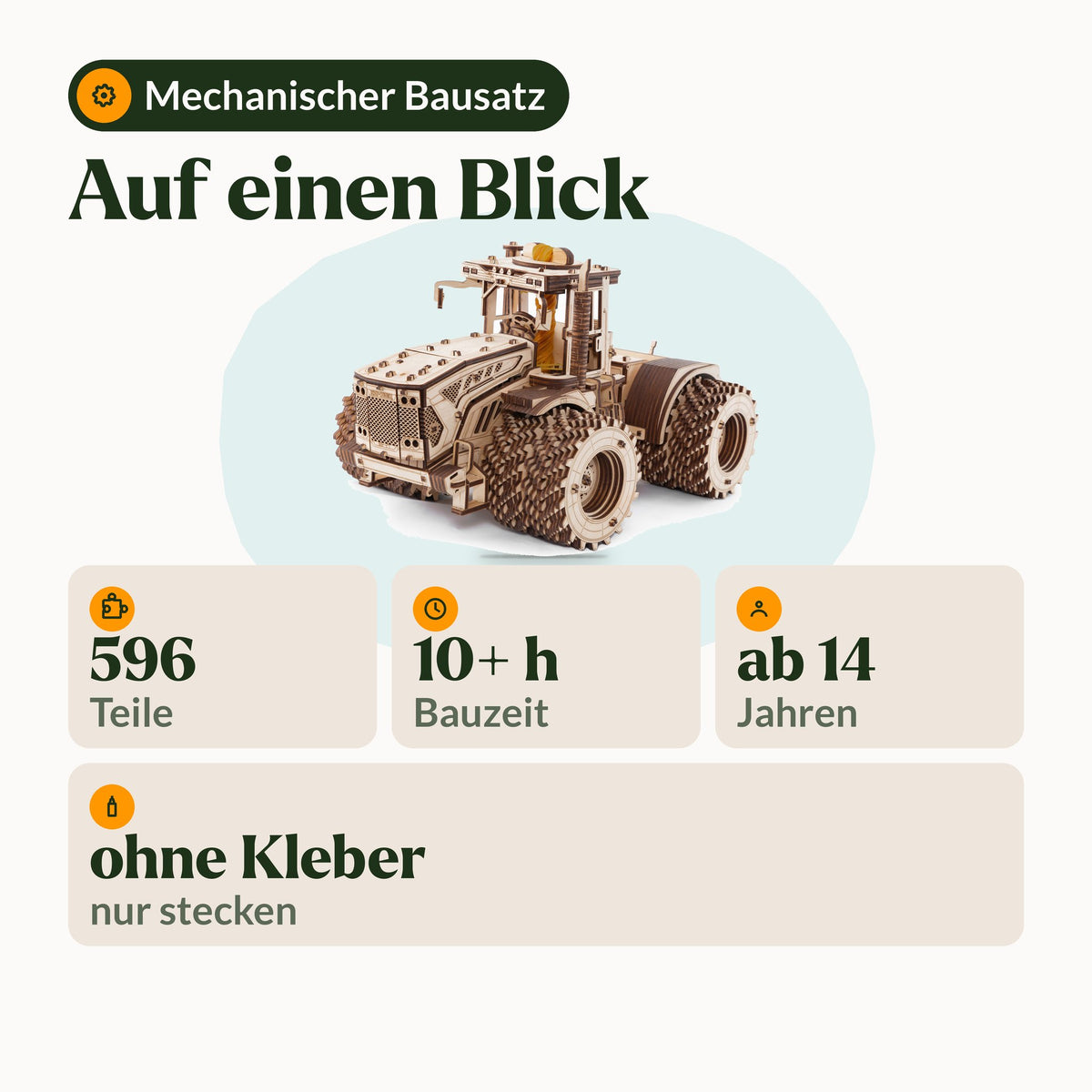 Kirovets K-7M XXL-tractor bouwpakket, infographic: 596 onderdelen, bouwtijd 10+ uur, vanaf 14 jaar, zonder lijm