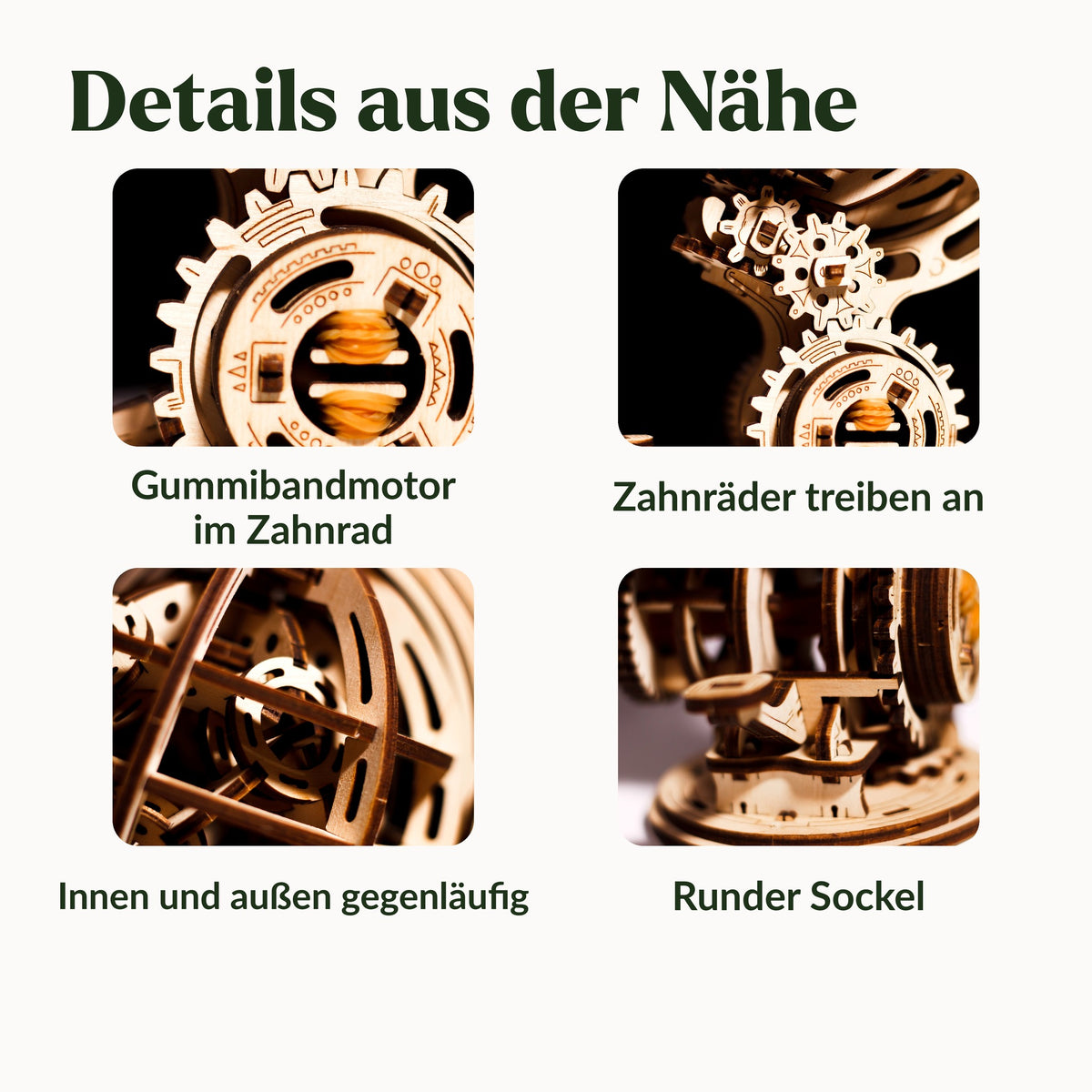 Details of the kinetic globe: rubber band motor in the gear, gears, counter-rotating balls, and round base