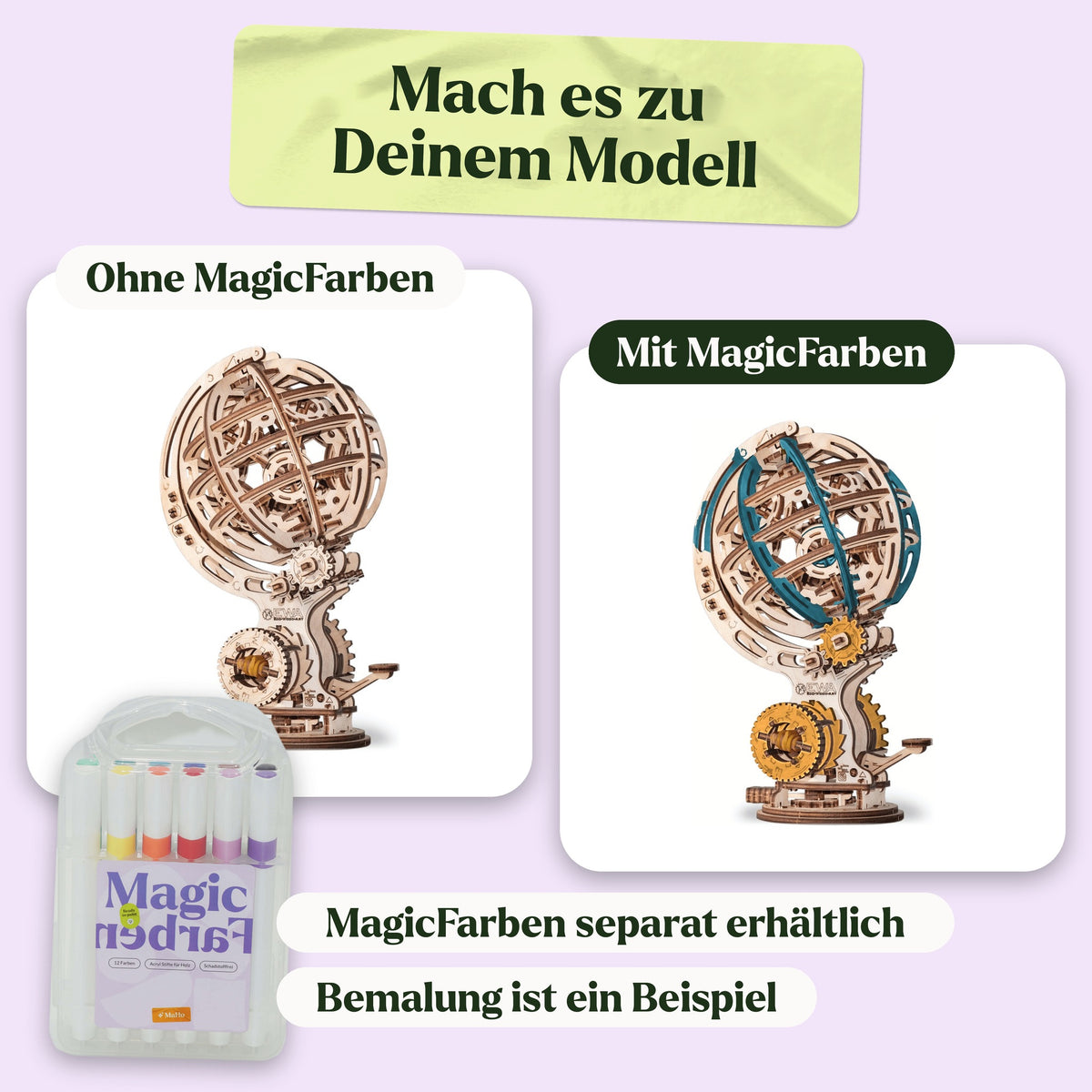 Kinetic Globe Wooden Kit, natural finish and painted with Magic Paints as an example (Magic Paints sold separately)