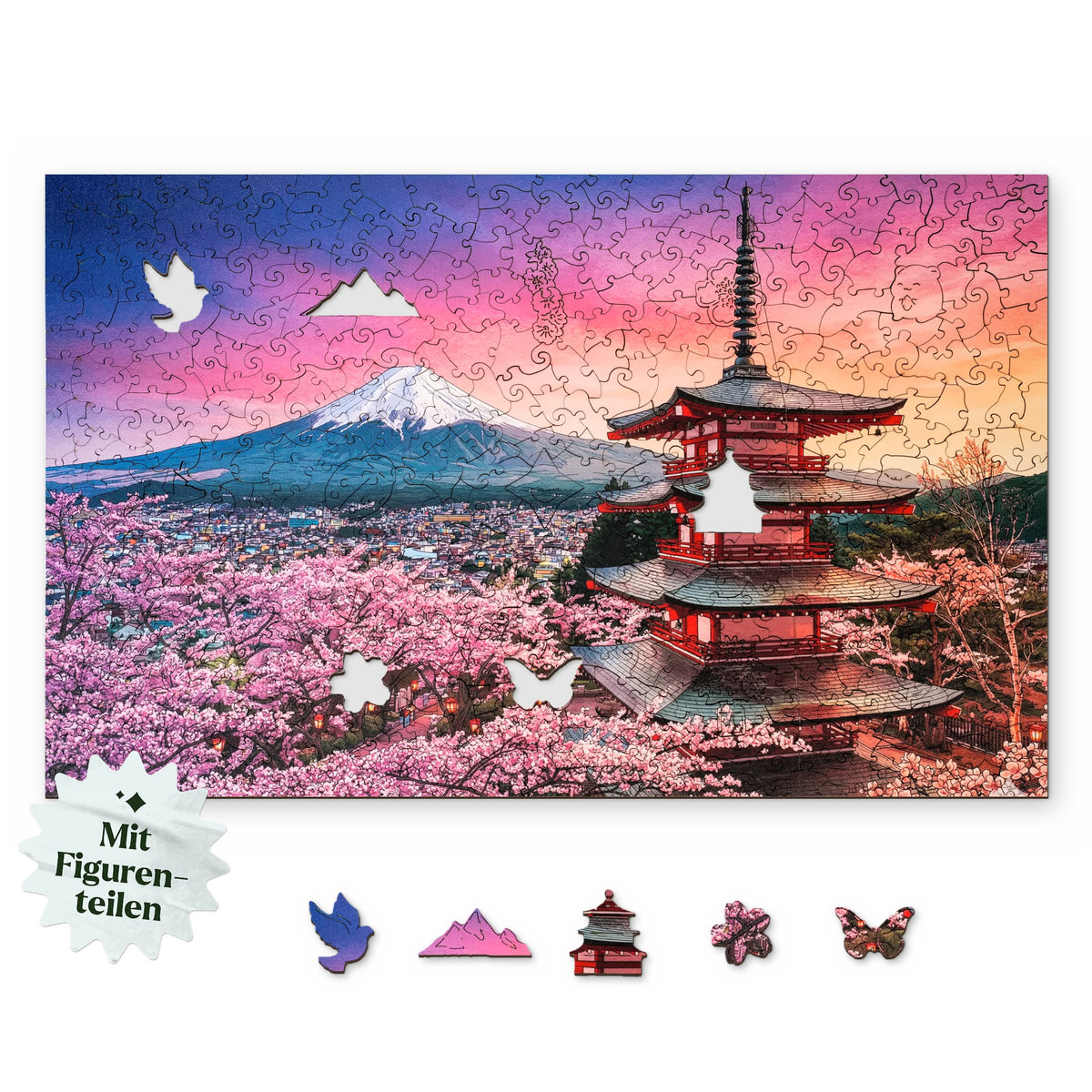 "The Magic of Cherry Blossoms at Mount Fuji" Wooden Puzzle, with an overhead view of the scene on a white background, and figure pieces such as a dove, Mount Fuji, and a pagoda underneath