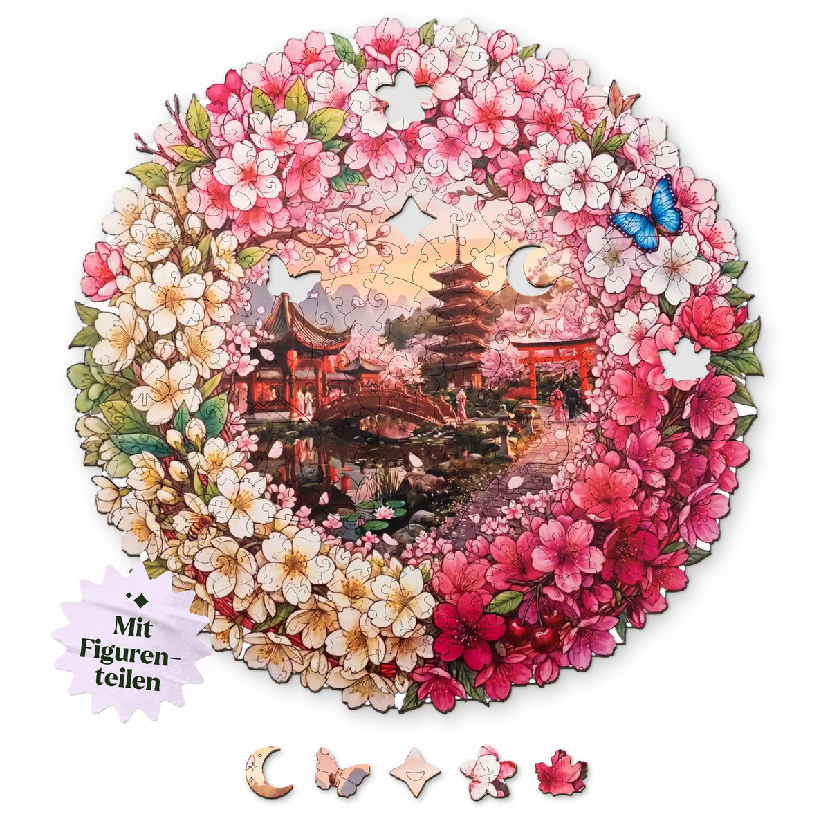 "The Magic of Cherry Blossoms" by Kyoto Mandala Wooden Puzzle, with a design on top in white, and figure pieces such as the moon, a butterfly, and a star underneath