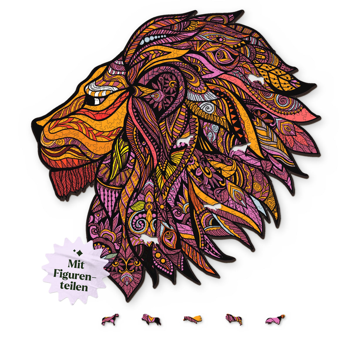 Puzzle en bois « Le roi de la jungle : le lion », avec une tête de lion vue d'en haut sur fond blanc, et en dessous des pièces en forme d'animaux comme un guépard et un ours