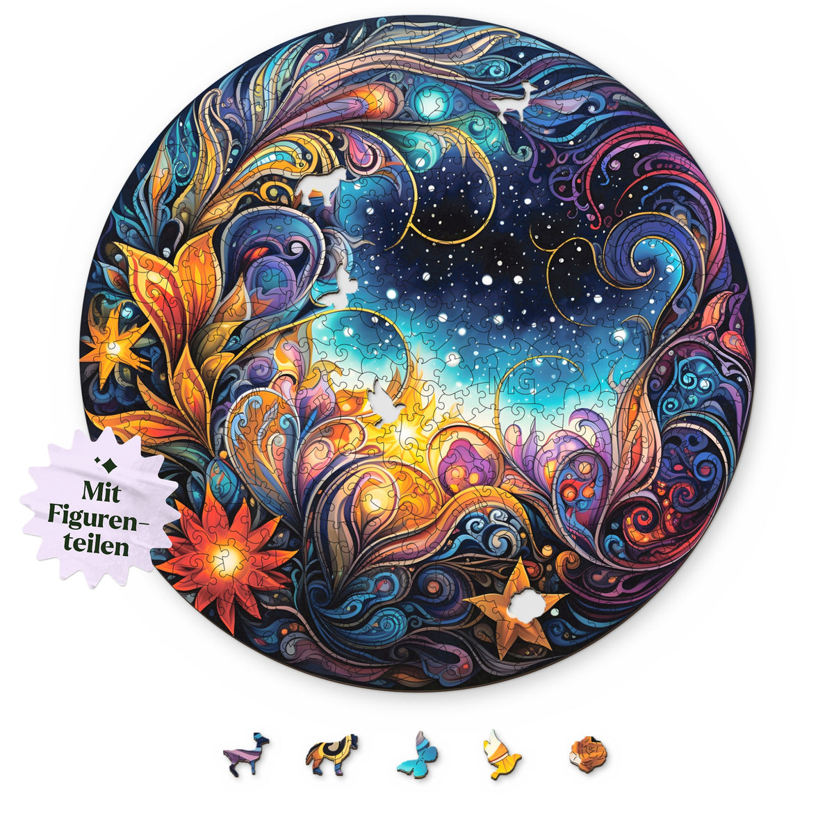 Puzzle en bois « Mandala aux fleurs cosmiques », motif rond vu d'en haut sur fond blanc, avec en dessous des éléments représentant un chevreuil, un papillon et une rose