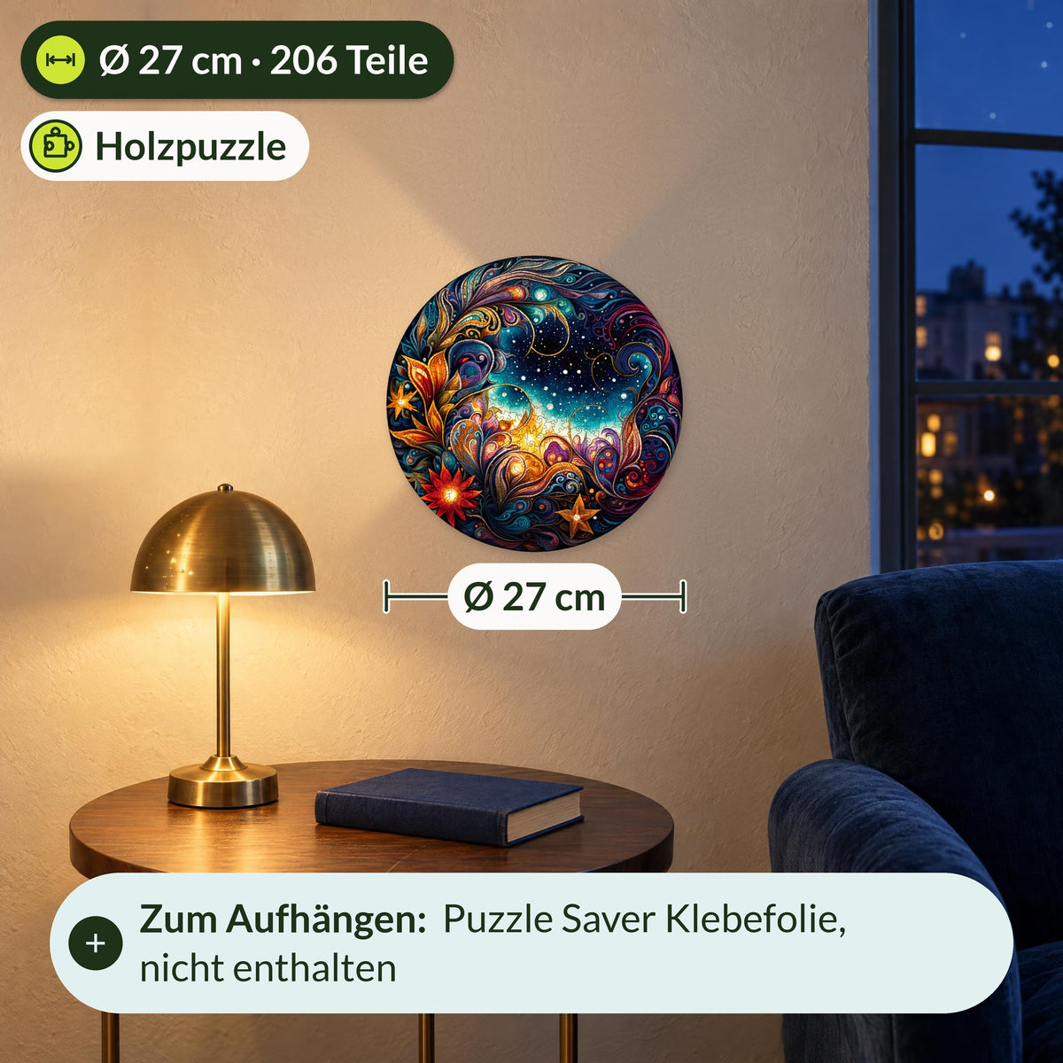 "Cosmic Flowers" Mandala Wooden Puzzle, Size M (27 cm in diameter) with 206 pieces, hanging on the wall above a side table