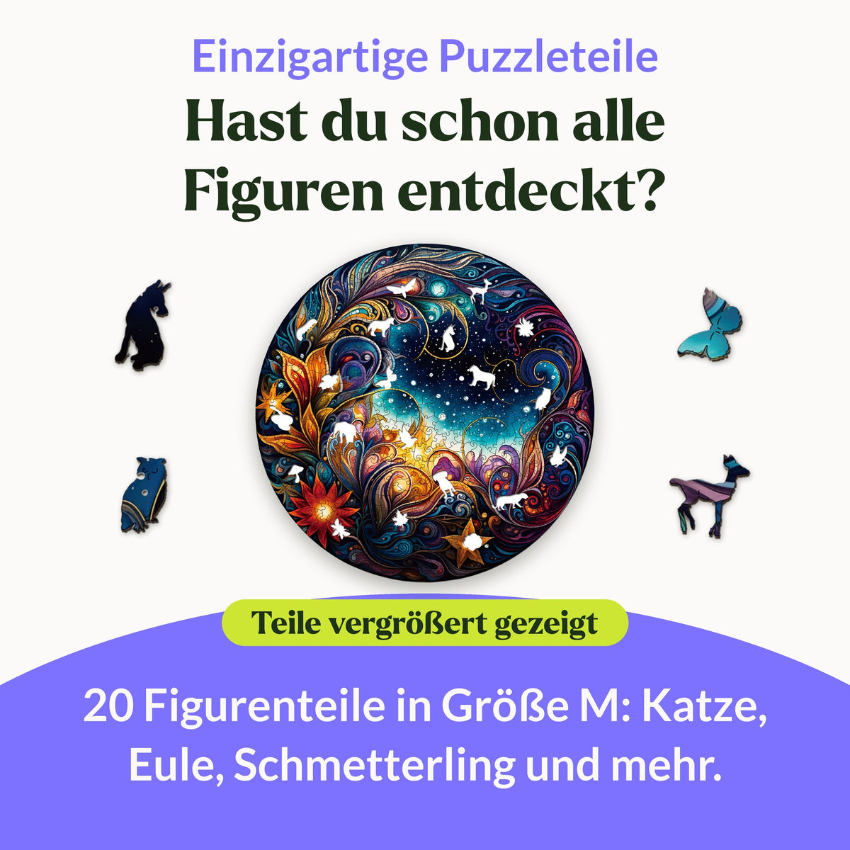 Cosmic Flowers Mandala Wooden Puzzle, featuring 20 figure pieces such as a cat, an owl, and a butterfly; enlarged pieces