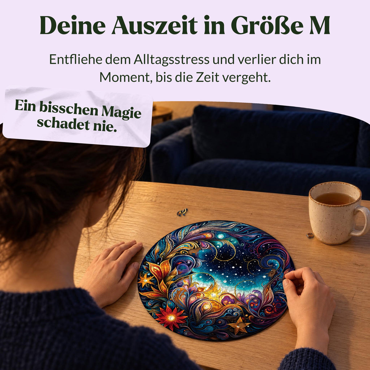 Cosmic Flowers Mandala Wooden Puzzle, Size M: A woman is doing the puzzle at a wooden table in the evening and is just placing a piece in place