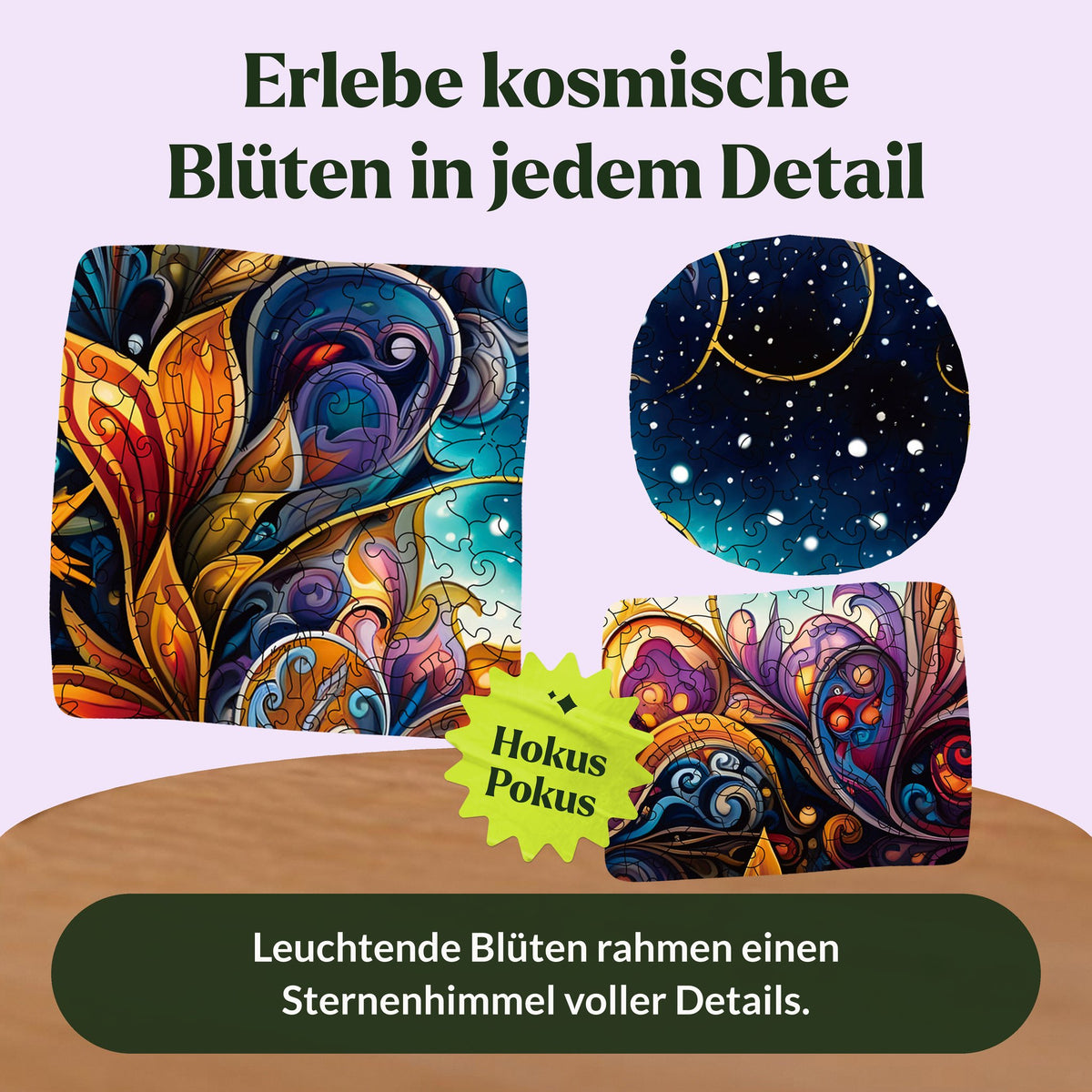 Cosmic Flowers Mandala Wooden Puzzle, featuring an orange lily, a starry sky, and purple flowers