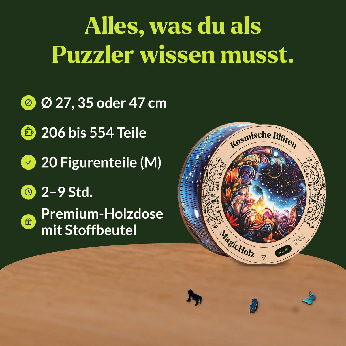 Cosmic Flowers Mandala Wooden Puzzle, Ø 27, 35, or 47 cm, 206–554 pieces, 20 figure pieces, premium wooden box with fabric pouch
