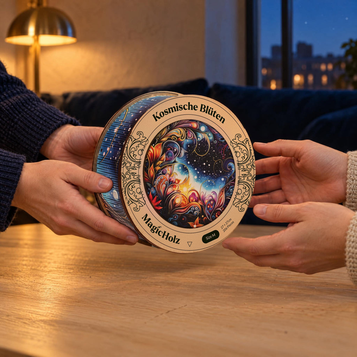 Cosmic Flowers Mandala Wooden Puzzle, presented as a gift in a round premium wooden box featuring the design on the lid