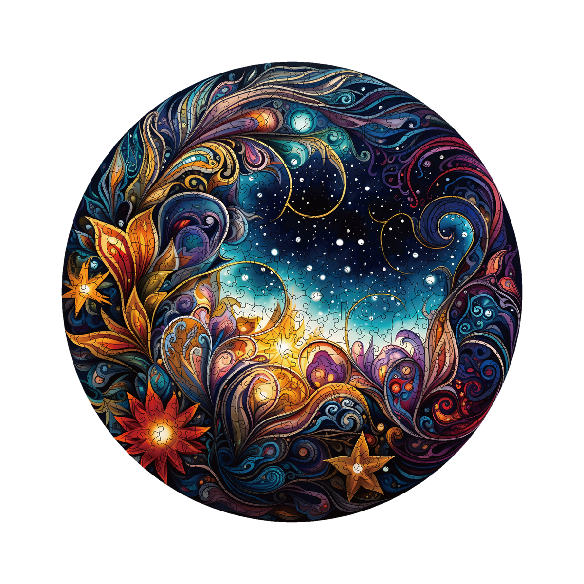 Cosmic Flowers Mandala Wooden Puzzle, finished round puzzle set against a white background