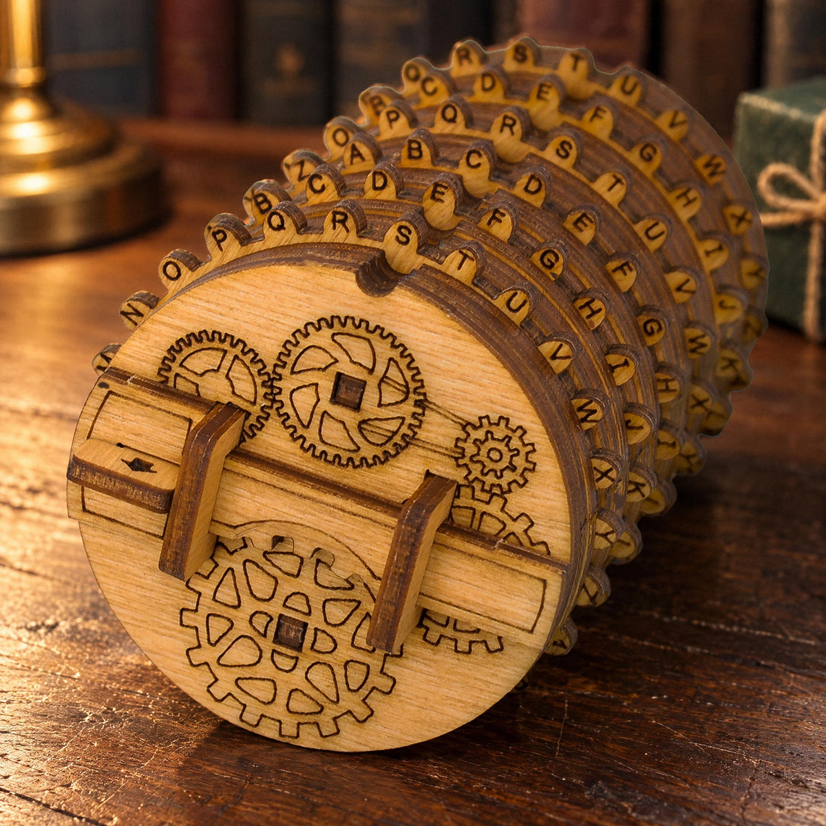 Kryptos' birchwood cryptex, assembled and locked, on a dark wooden desk in the warm glow of a lamp