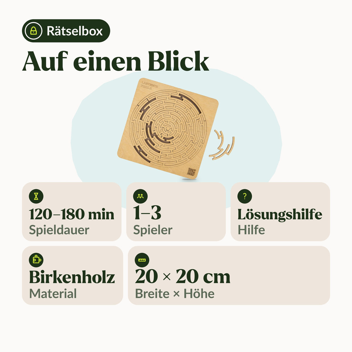 Labyrinth Puzzle at a Glance: 120 to 180 minutes, 1 to 3 players, solution guide, birch wood, 20 x 20 cm