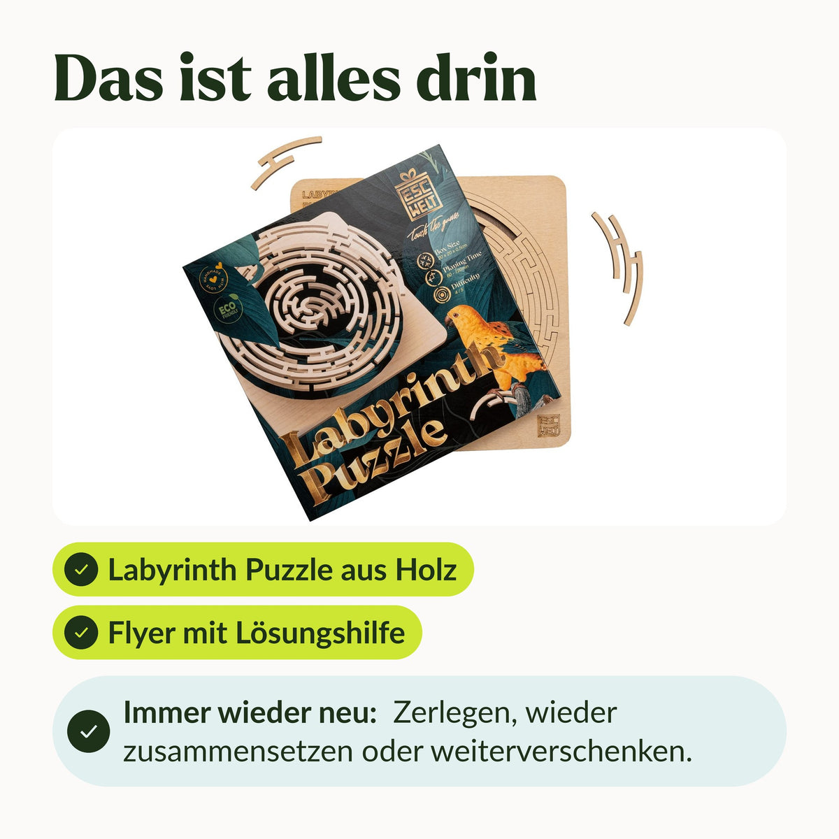 What's Included with the Labyrinth Puzzle: Wooden puzzle with original box, plus a flyer with solution hints
