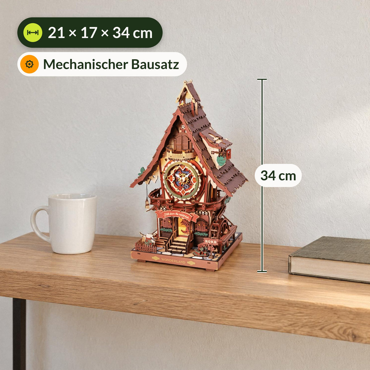 Cuckoo clock kit, size comparison with a cup on a narrow hallway console table, 21 × 17 × 34 cm