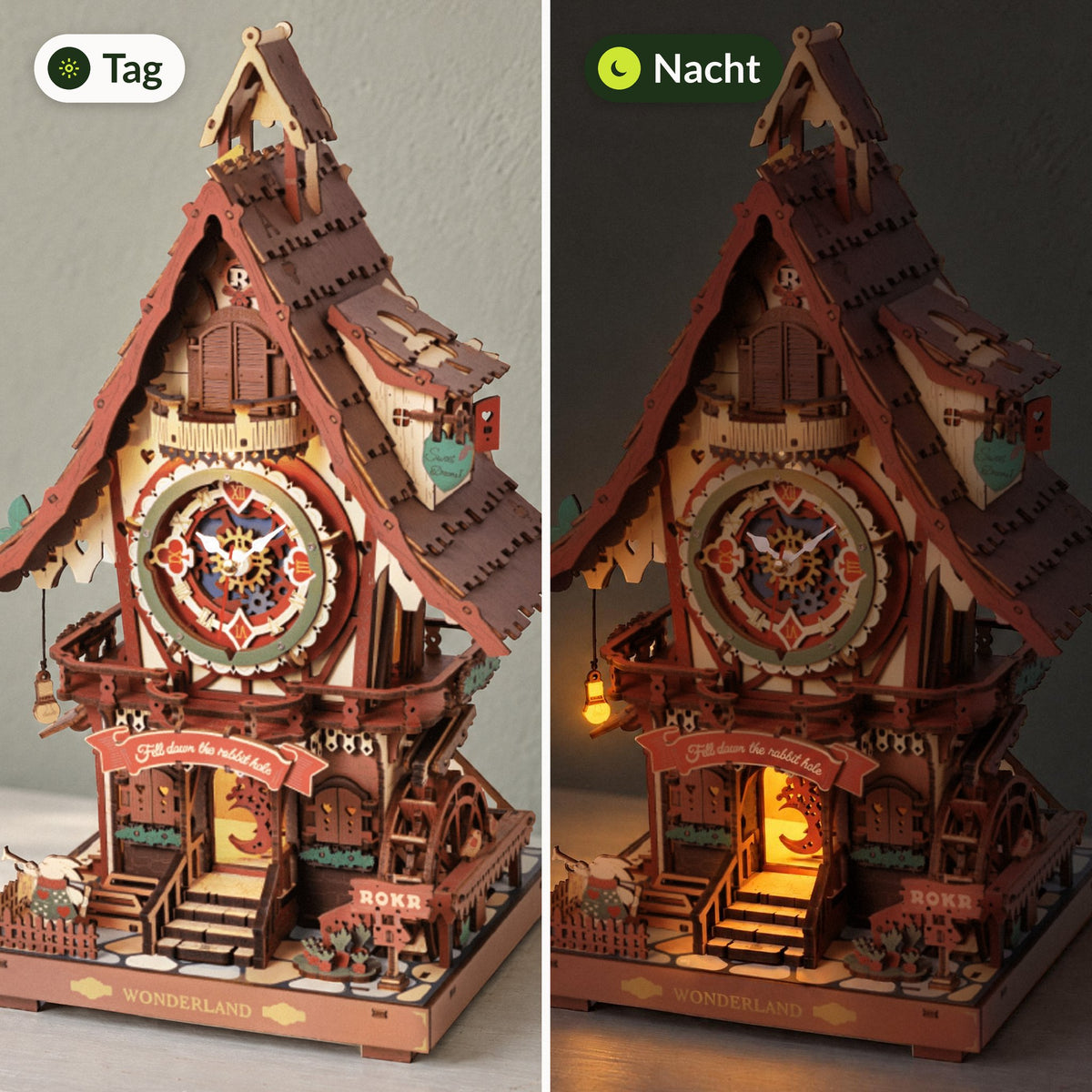 3D-bouwpakket koekoeksklok, links bij daglicht, rechts ’s avonds met verlichte deuropening, halvemaanvormige slinger en lantaarn
