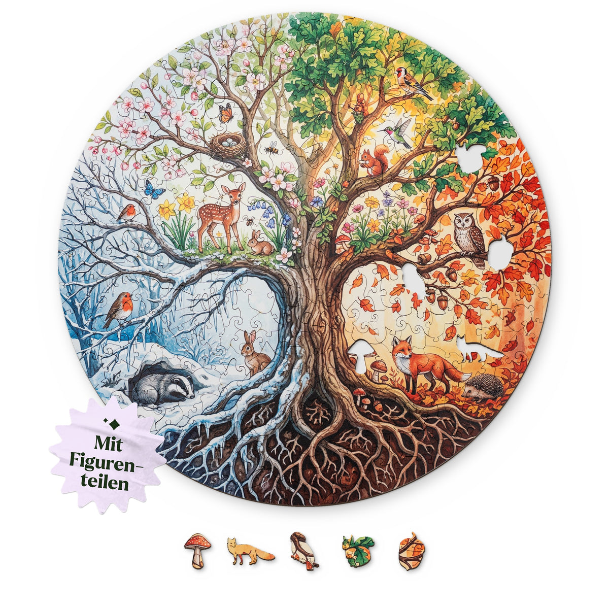 Tree of Life of the Four Seasons Mandala Wooden Puzzle, with a design shown from above on a white background, featuring figures such as a toadstool, a fox, and an owl below