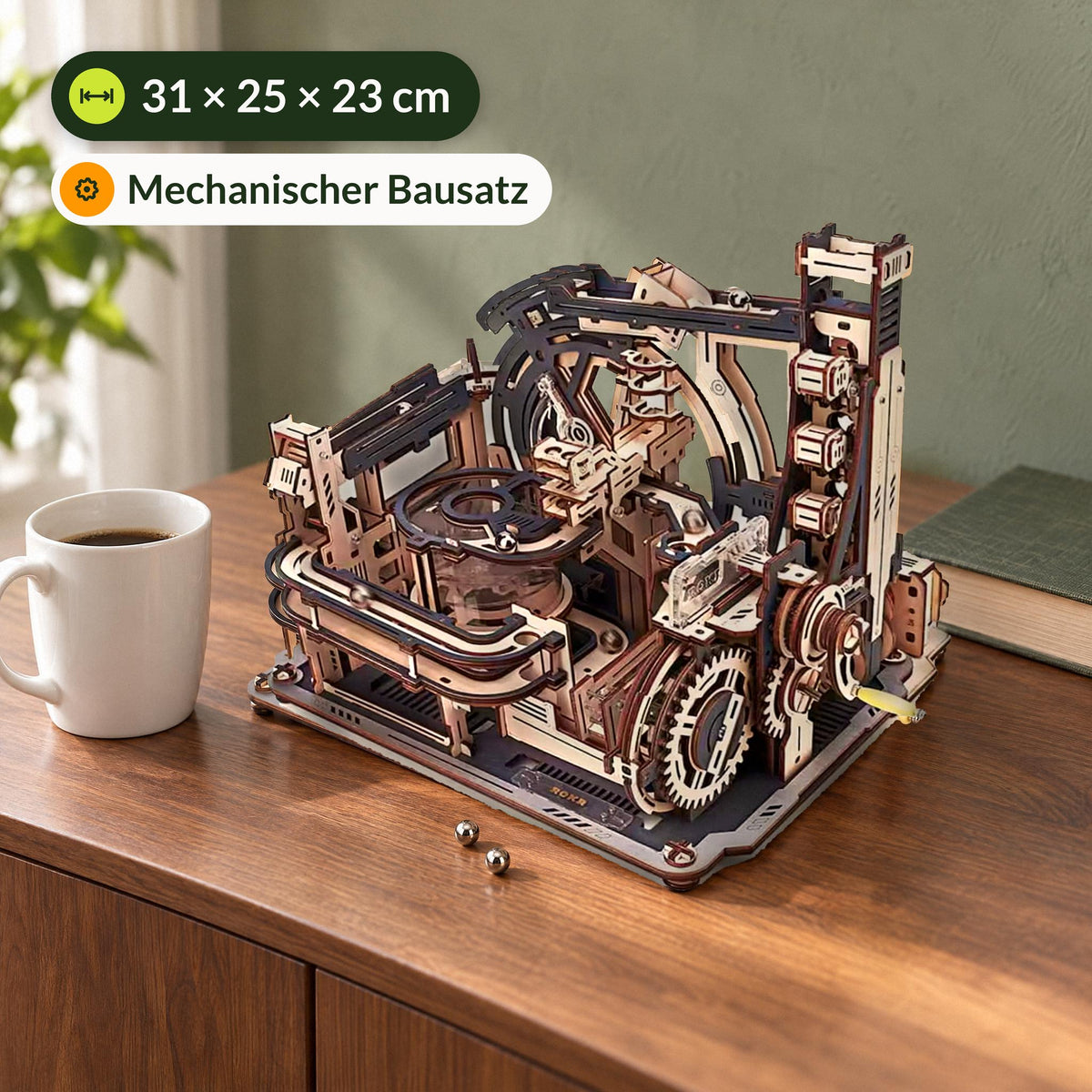 Marble Spaceport wooden marble run, next to a coffee cup on the sideboard, dimensions 31 × 25 × 23 cm