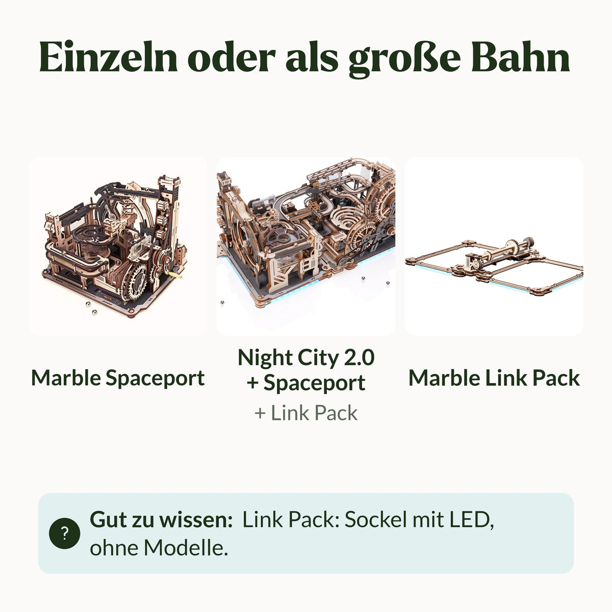 Marble Spaceport Wooden Marble Run, three versions: individual, set with Night City 2.0 and Link Pack, Link Pack only