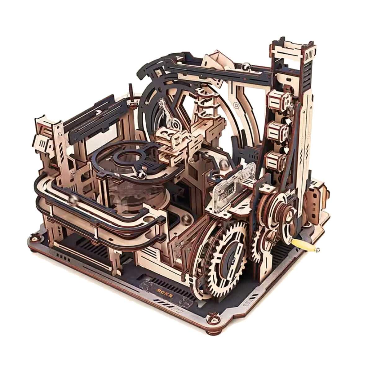 Marble Spaceport Wooden Marble Run, cutout on a white background, viewed from the front at an angle with two steel marbles
