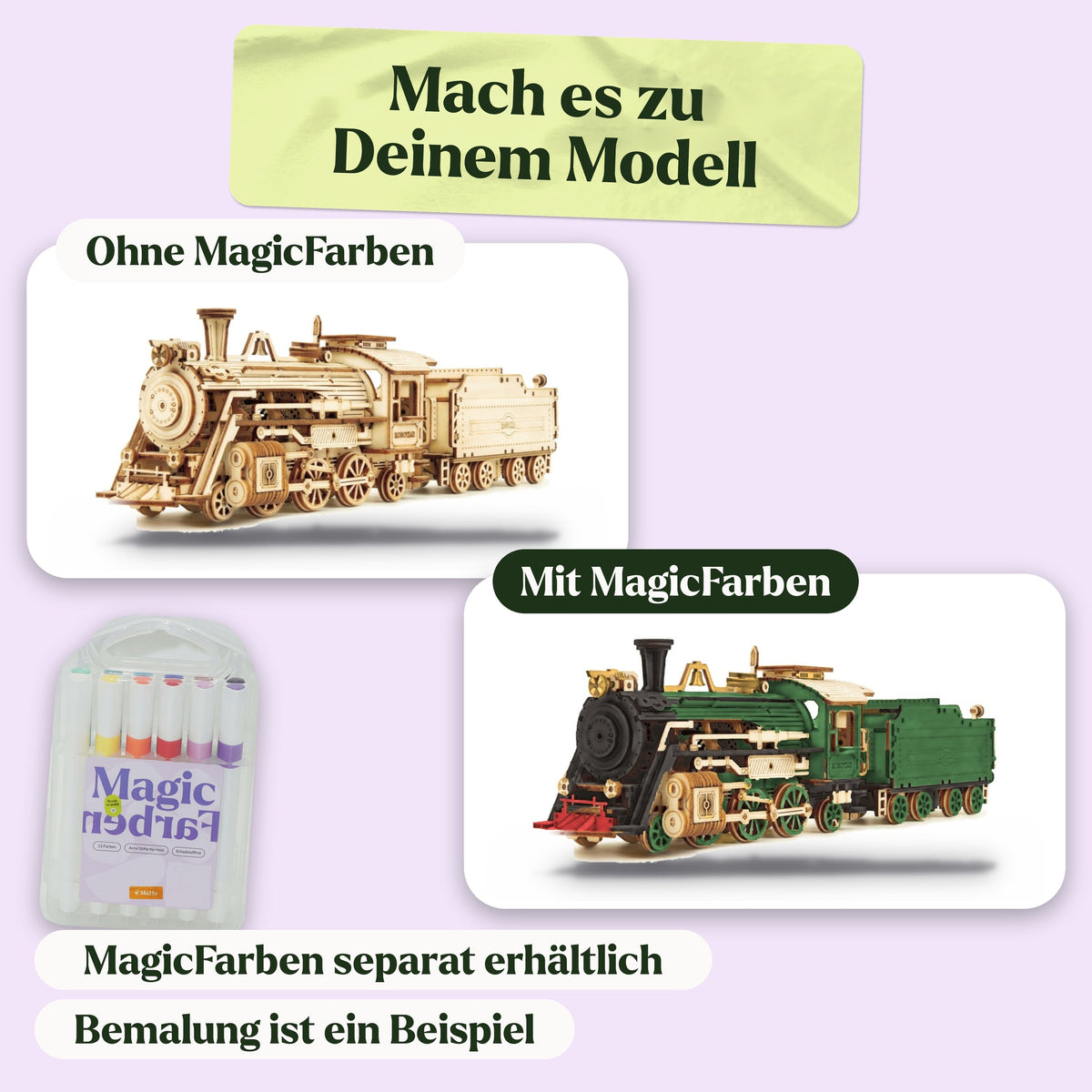 Locomotive 3D à l'échelle 1:80 « Maquette en bois », au fini naturel et peinte à titre d'exemple avec des peintures MagicFarben (peintures MagicFarben vendues séparément)