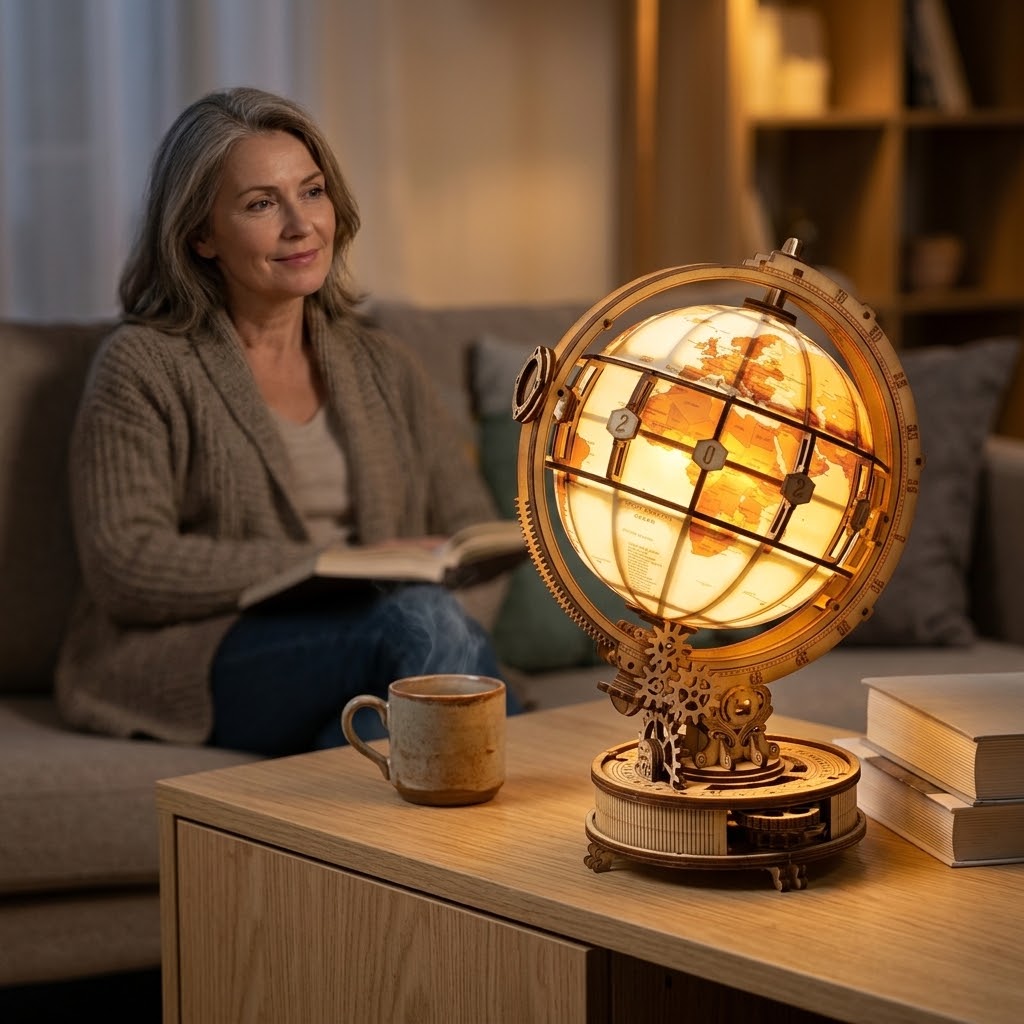 Un globe en bois illuminé posé sur un buffet dans le salon, le soir ; derrière, une femme assise sur le canapé, un livre à la main