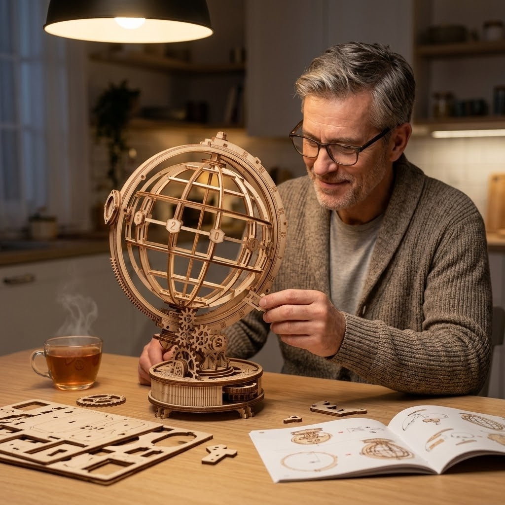 Un homme assemble le globe en bois sur la table de cuisine, à côté desquelles se trouvent des planches de bois avec les pièces et la notice