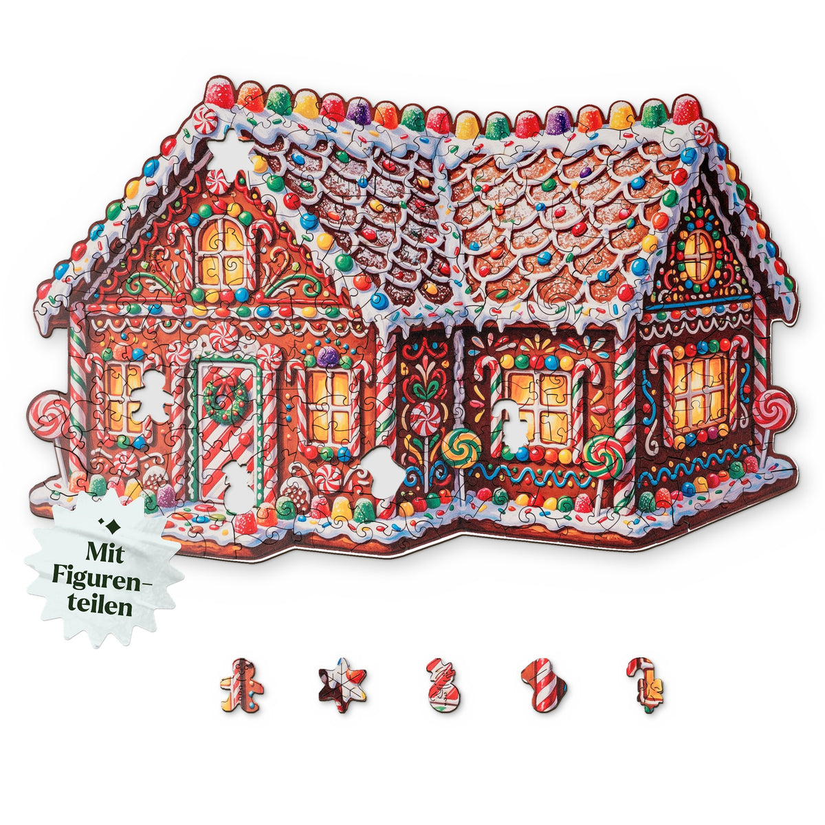 Fairytale-like Gingerbread House Wooden Puzzle, showing the house from above on a white background, with figure pieces such as a gingerbread man and a snowman below
