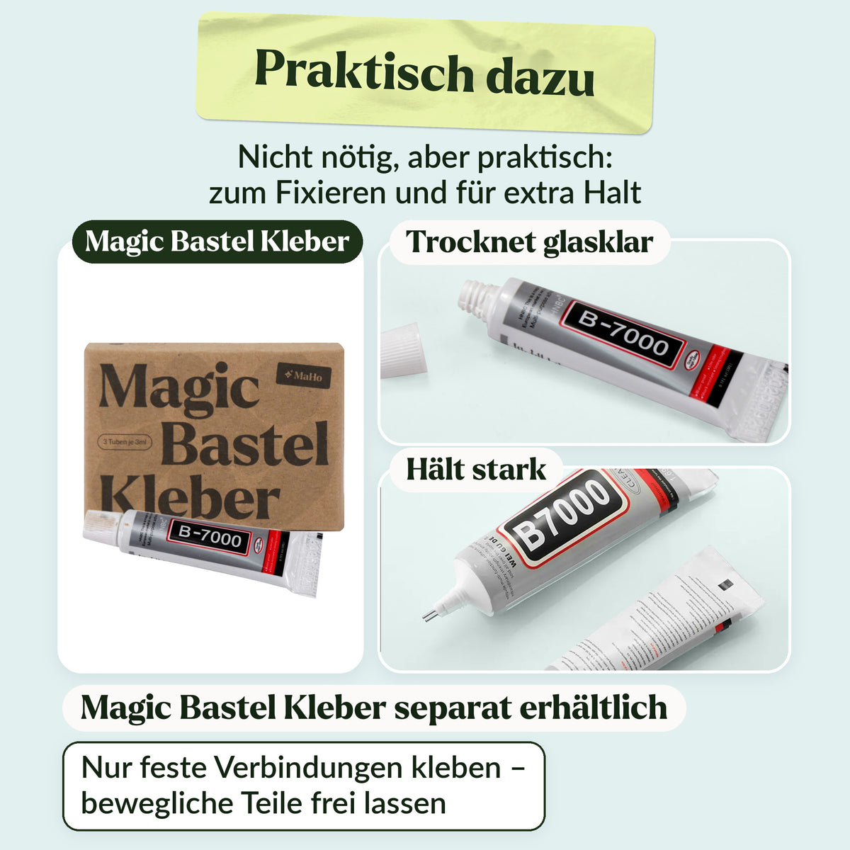 Colle de bricolage Magic, 3 tubes, pour des assemblages solides sur les kits de construction mécaniques en bois, sèche en devenant transparente (vendue séparément)
