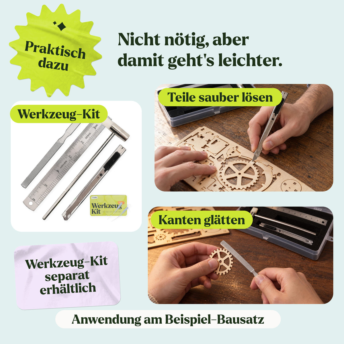 Tool kit with a hammer, file, utility knife, and ruler for woodworking kits—handy for building (sold separately)