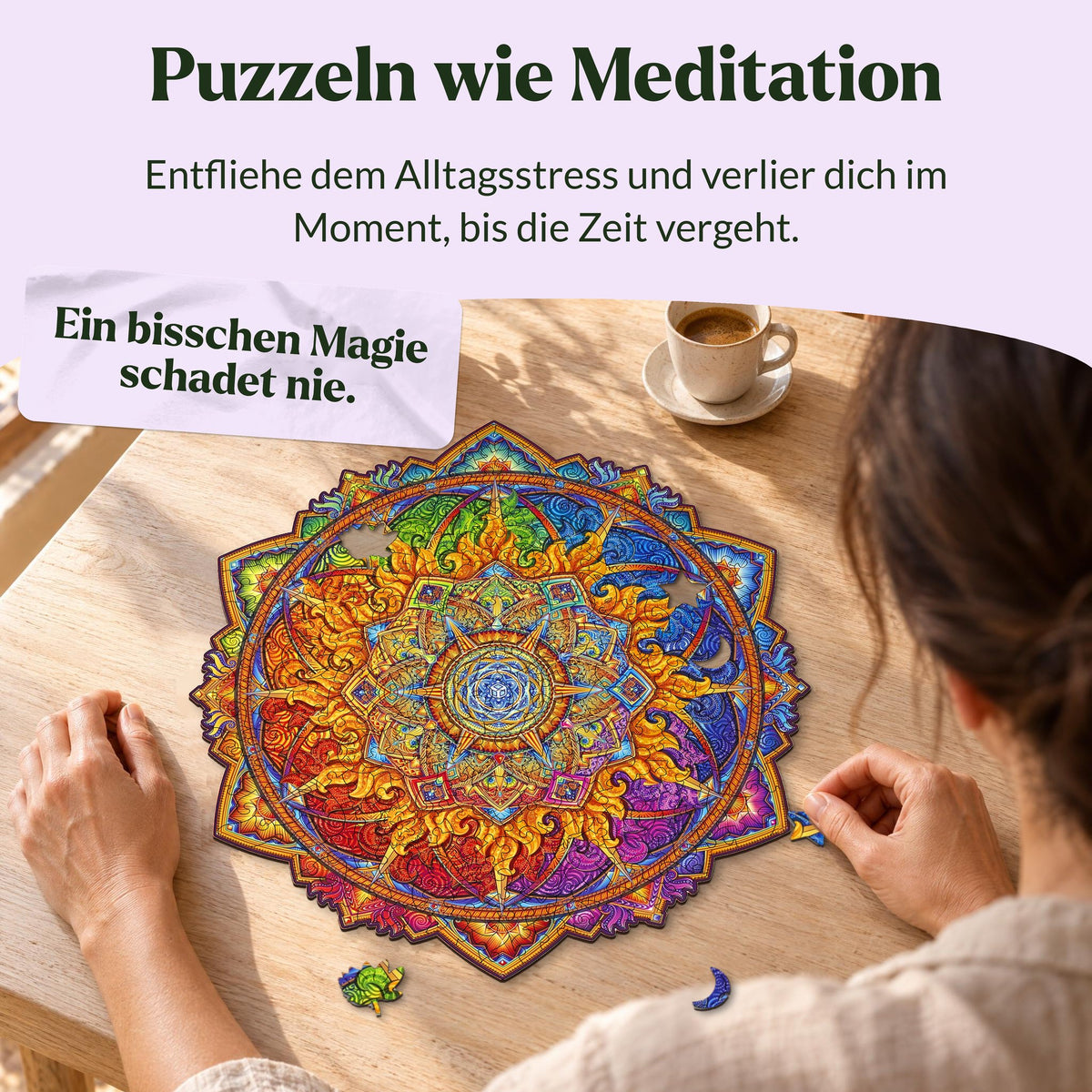 "Rising Sun" Mandala Wooden Puzzle: A woman is putting together the puzzle in the morning at an oak table; next to her are a star, a moon, and a leaf as puzzle pieces