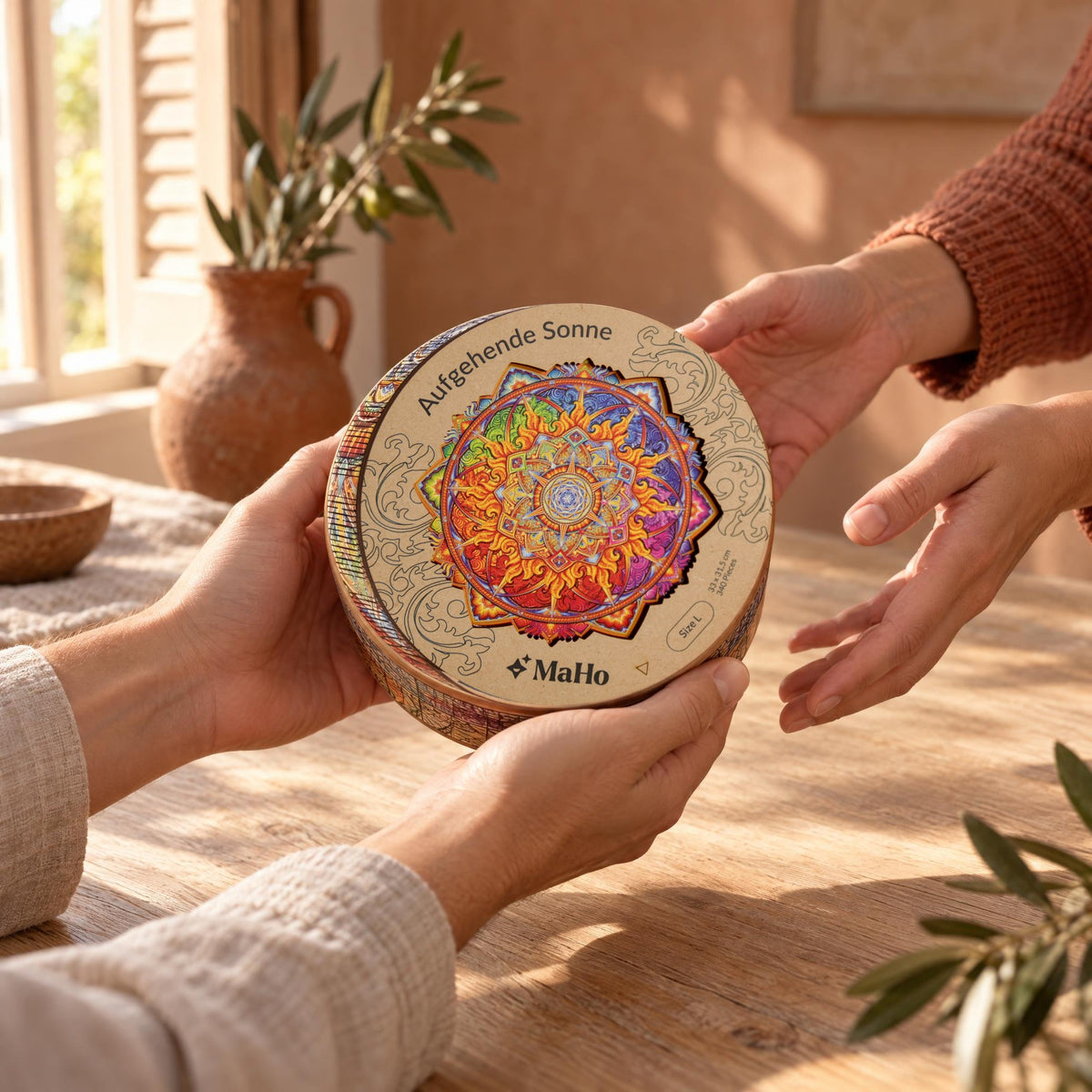 "Rising Sun" Mandala Wooden Puzzle, a round premium wooden box featuring a sun motif, is presented as a gift across the table