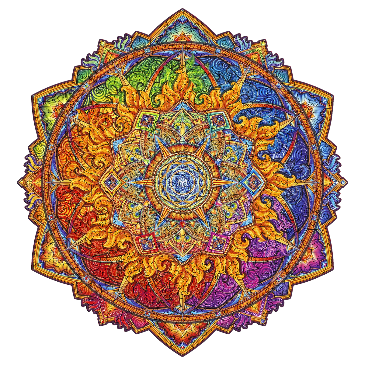 Mandala Rising Sun Wooden Puzzle, completed puzzle in the shape of a sun set against a white background
