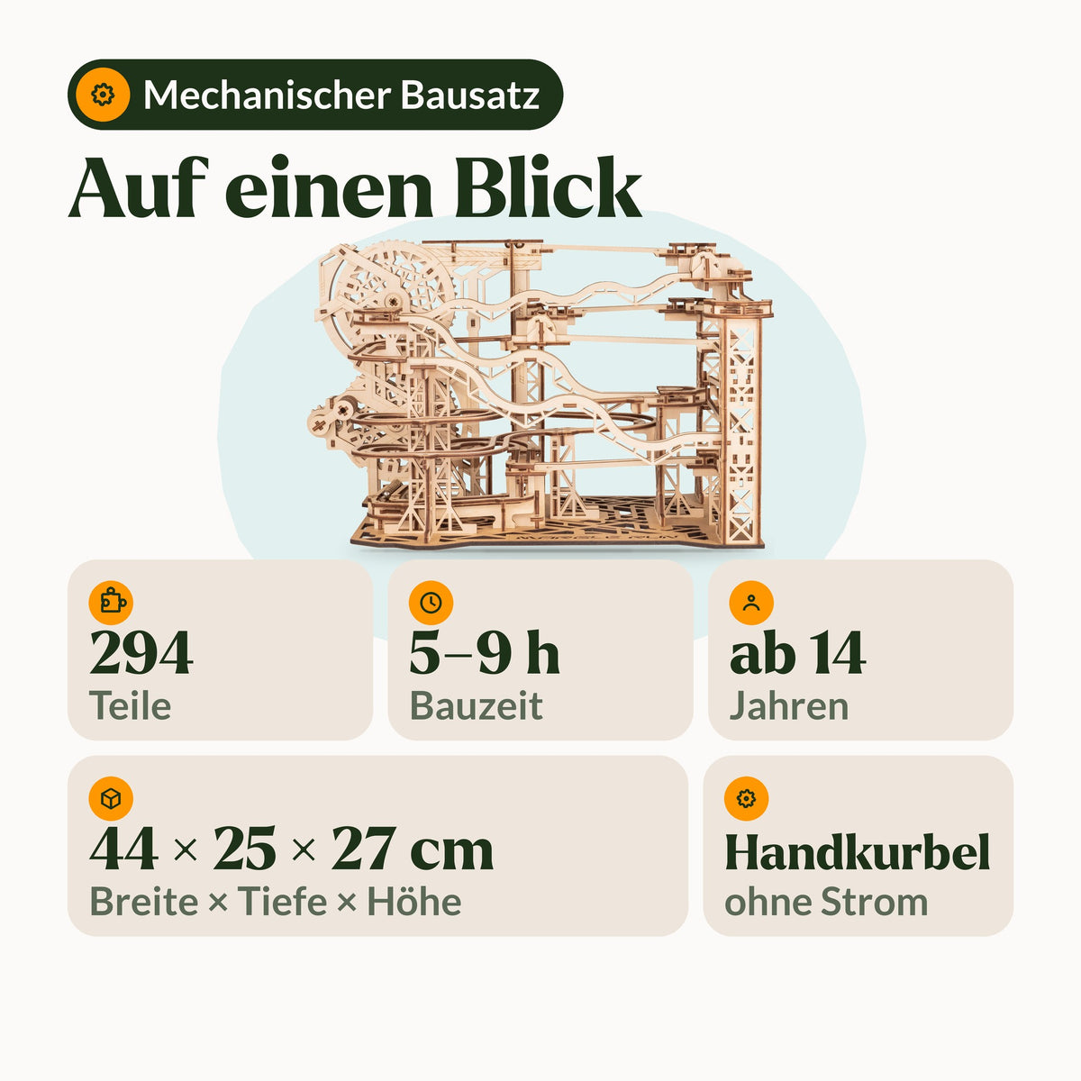 Cyclone Marble Run Wooden Marble Run, at a glance: 294 pieces, 5 to 9 hours of assembly time, ages 14 and up, hand crank