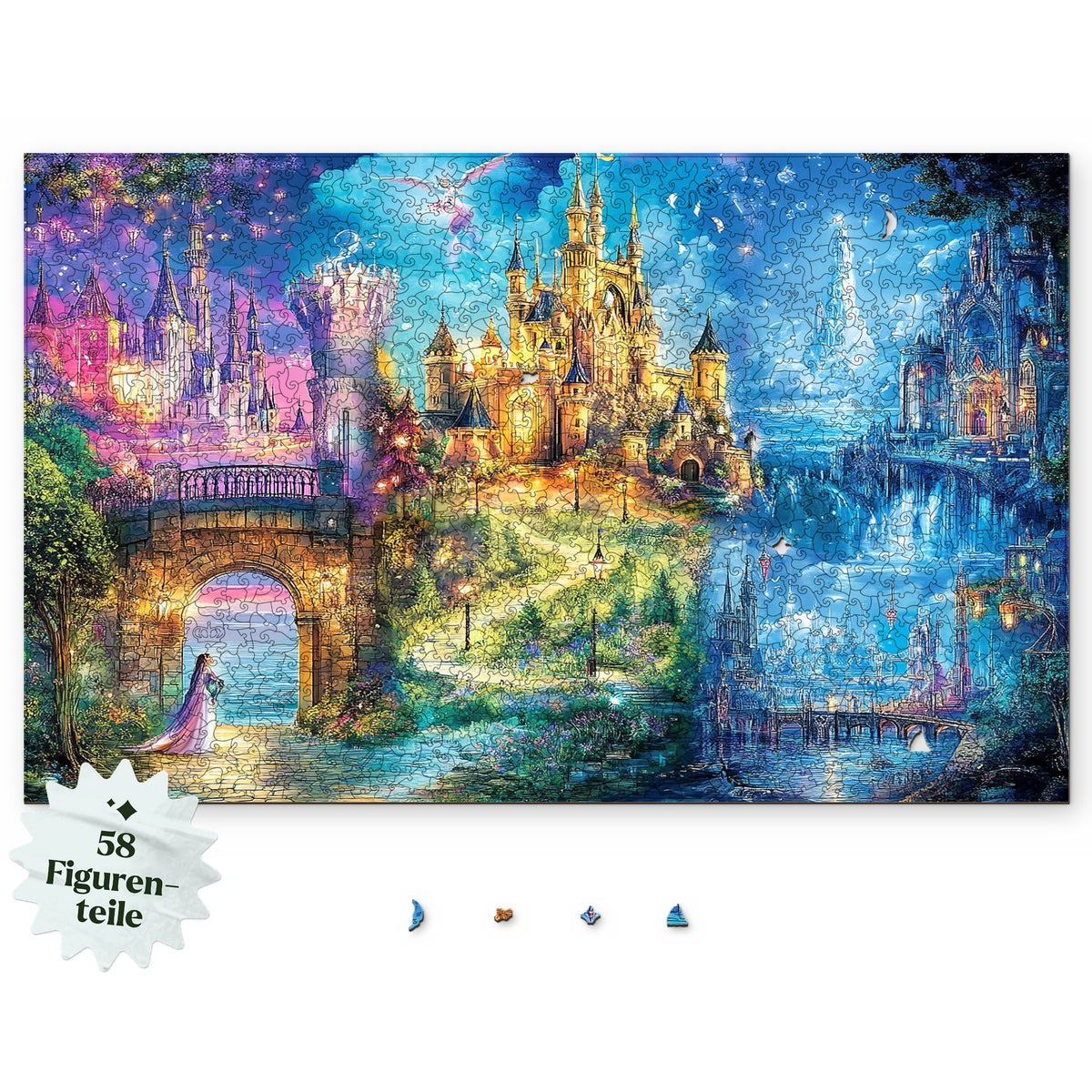 Puzzle en bois « L'univers enchanteur des contes de fées », motif vu d'en haut sur fond blanc, avec en dessous des éléments de personnages comme la lune, un papillon et une étoile
