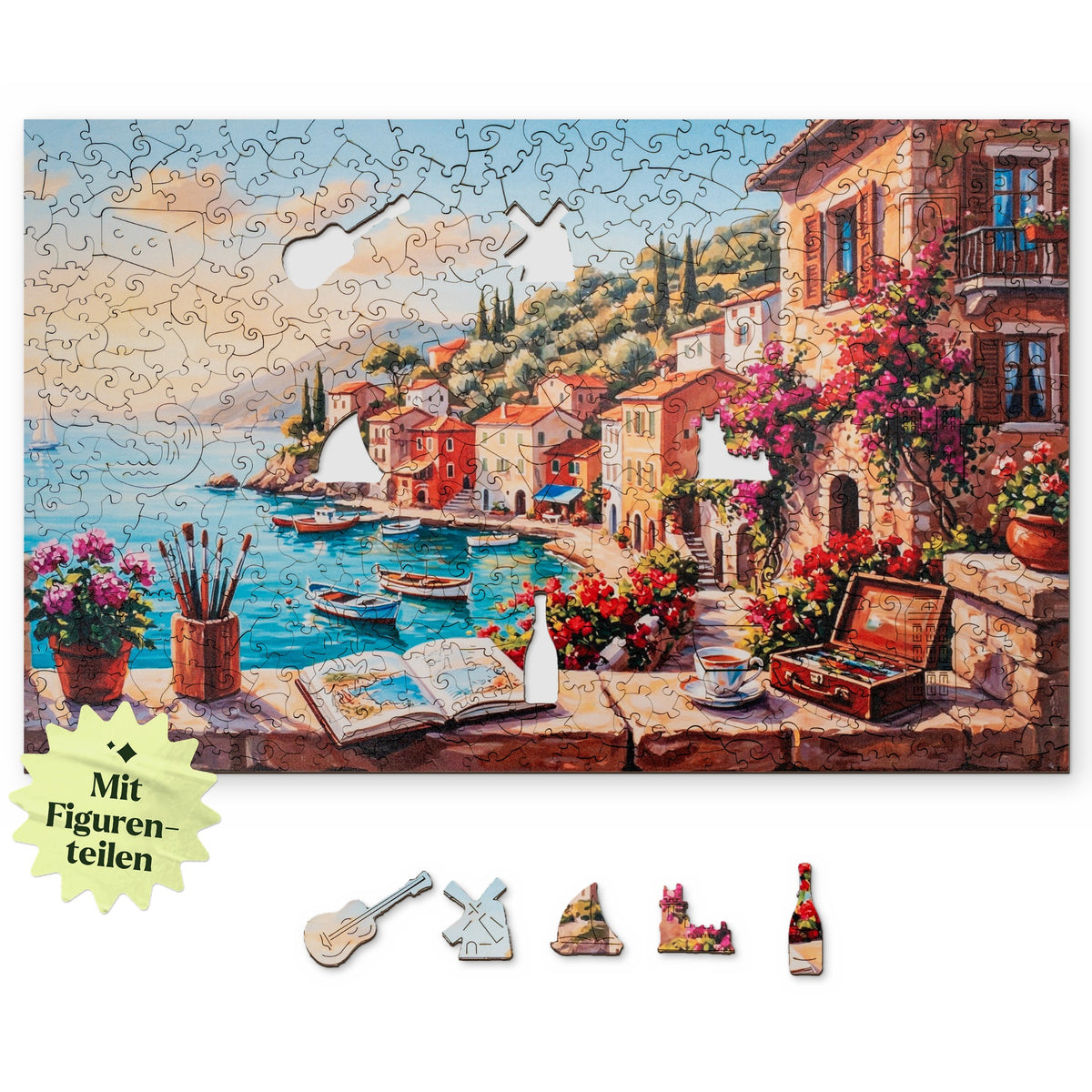 Mediterranean Coast Wooden Puzzle, with a top view design on a white background, featuring figures such as a guitar, a windmill, and a sailboat below