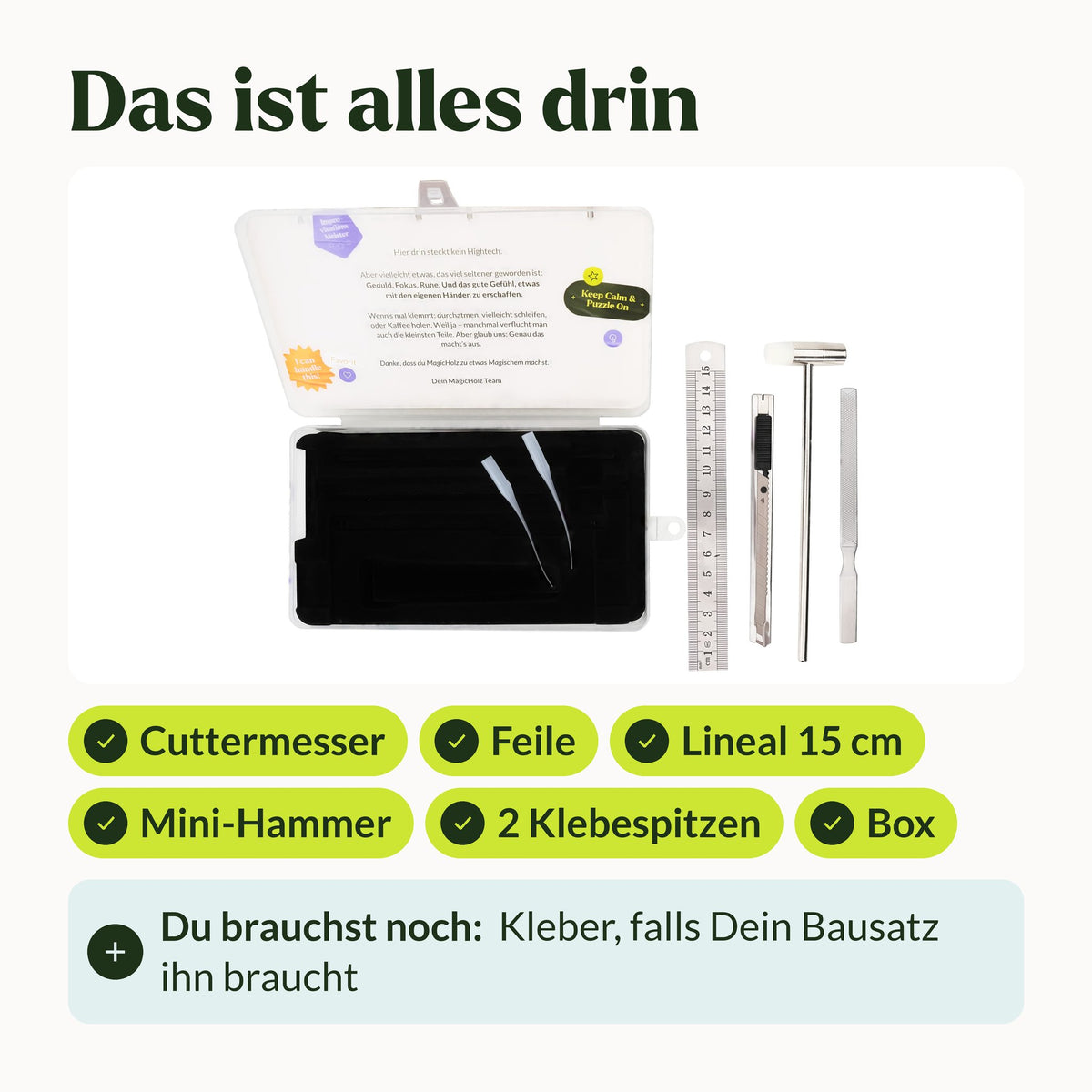 Modelbouw-gereedschapsset, inhoud: hobbymes, vijl, liniaal van 15 cm, mini-hamer, 2 lijmpunten en doosje